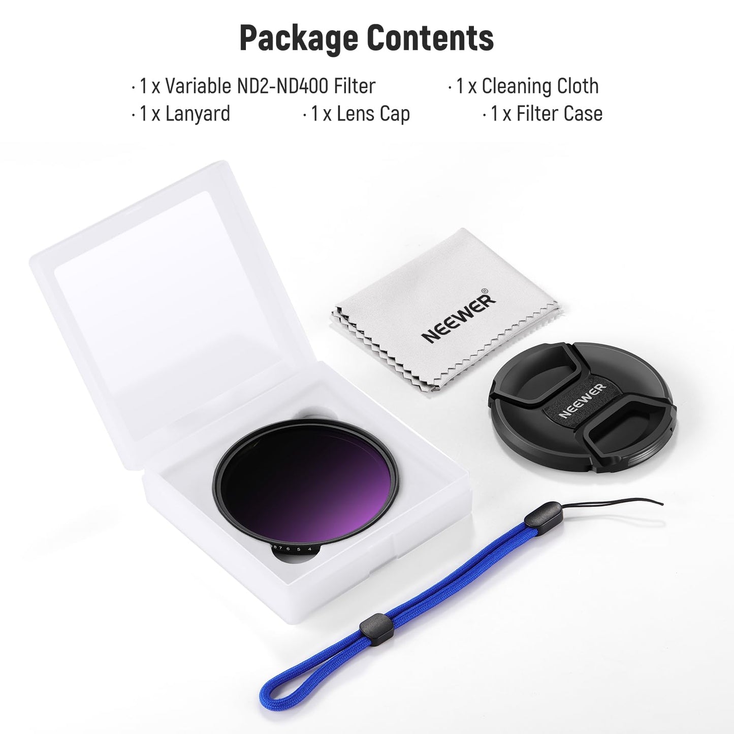 NEEWER 72mm ND2-400 (1-9 Stop) Variable ND Filter with Lens Cap Lanyard Cleaning Cloth Precise Neutral Density Adjustment Gray Filter Fingerprint Scratch-Resistant Multi-Layer Optical Glass - NW