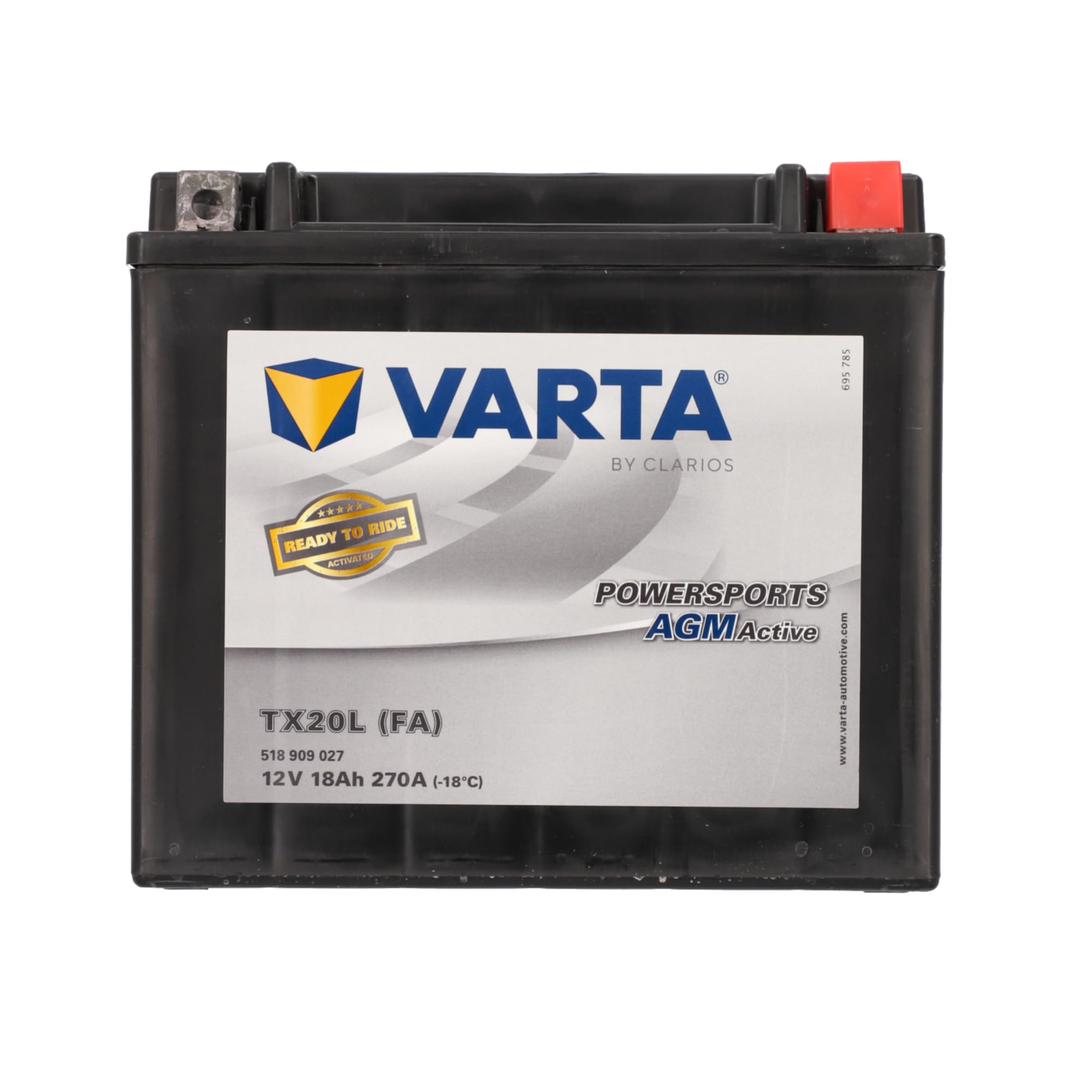 VARTA motorcycle battery 18 Ah / 270 A Powersports Active AGM - long service life, pre-charged, maintenance-free, suitable for motorcycles, scooters, quads, jet skis and snowmobiles, black - 518909027A512