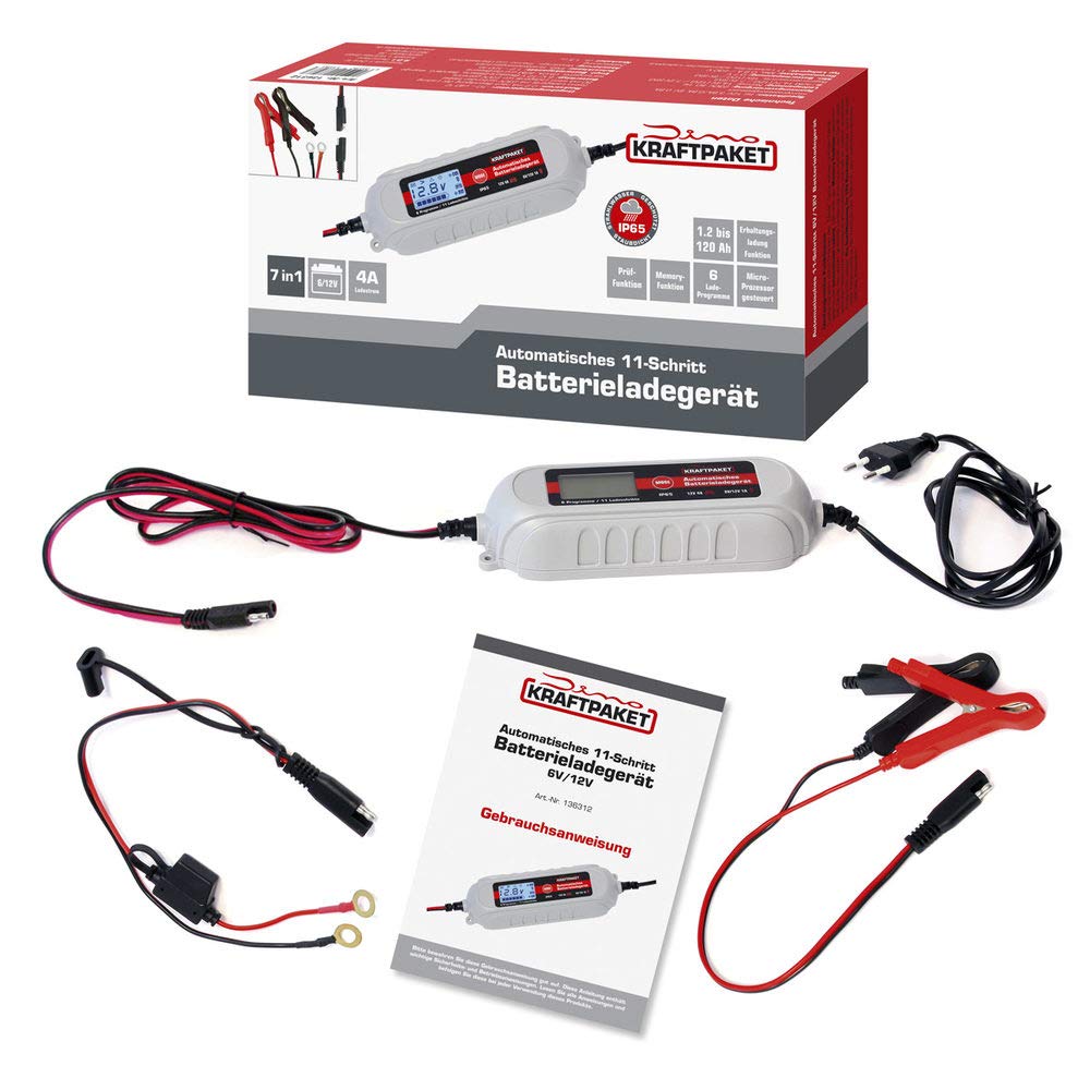 Dino KRAFTPAKET 4A-6V/12V intelligent and automatic battery charger | For lead-acid, GEL, start/stop EFB, AGM batteries | Car charger for cars, motorcycles, small vans, passenger cars, boats - 136312