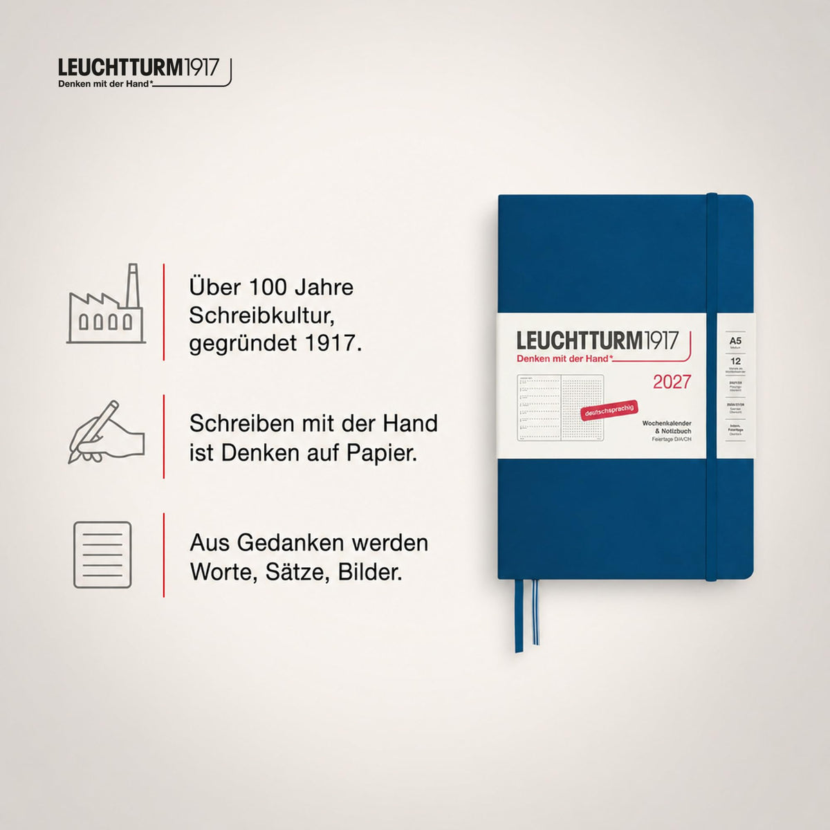 LEUCHTTURM1917 calendar săptămânal 2027 punctat mediu (A5) cu caiet - planificator de întâlniri germană, indigo, ianuarie-decembrie 2027, prezentare săptămânală în stânga + pagina de note în dreapta - 400096
