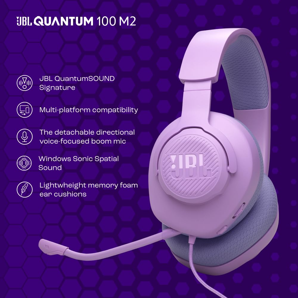 JBL Quantum 100M2 Wired Over-Ear Gaming Headset with JBL QuantumSOUND Signature, 3.5mm Jack, Multi-Platform Compatibility and Detachable Microphone with Mute Option, Purple - JBLQTUM100M2PUR
