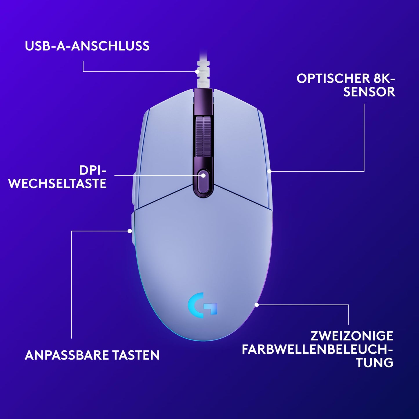 Logitech G203 gaming mouse with customizable LIGHTSYNC RGB lighting, 6 programmable buttons, gaming-ready sensor, 8,000 DPI tracking, light weight - purple - 910-005853