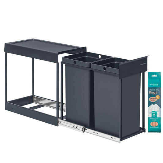 SONGMICS coș de gunoi de bucătărie, sistem de separare a deșeurilor pentru dulapul de bază, 2 x 15 L, coș de gunoi cu 2 compartimente, extensibil, cadru din oțel, capac din ABS, gri LTB950GZ01