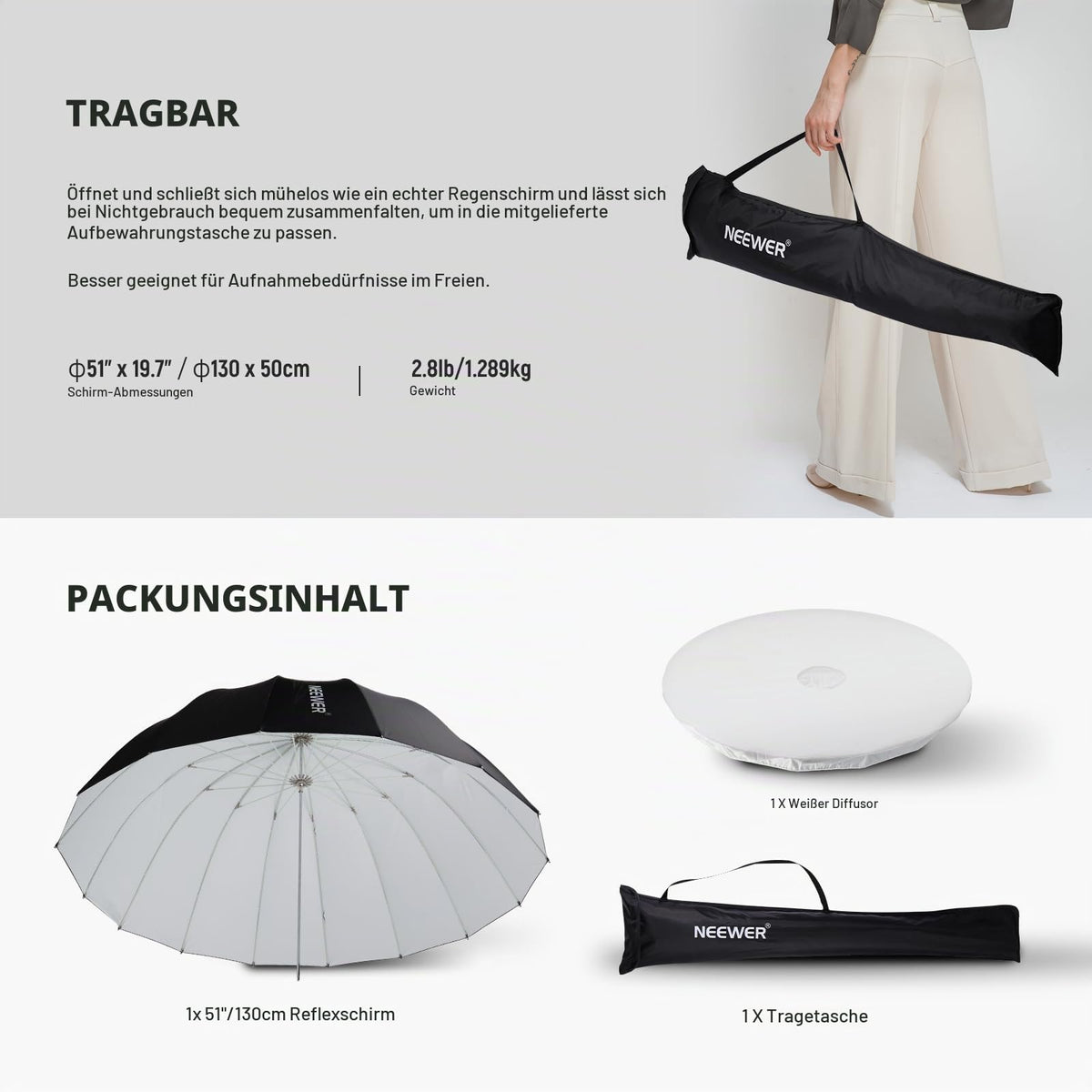 NEEWER 130cm Parabol Reflexschirm pentru fotografie cu interior alb - 10103470