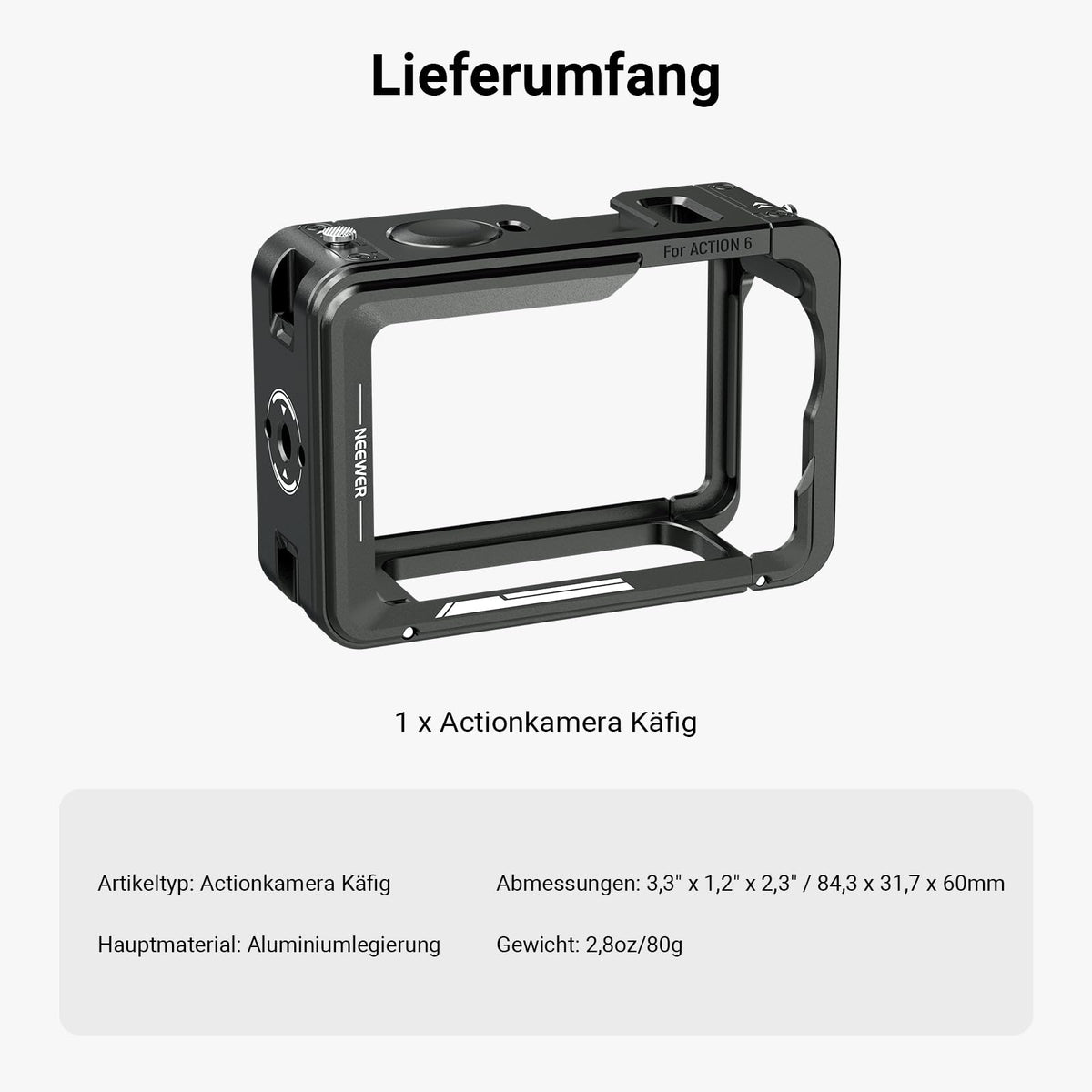 NEEWER Camera Cage for Osmo Action 6, Lightweight Metal Cage, Video Stabilizer with Cold Shoe and 1/4" Thread, Compatible with DJI Mic Quick Release Magnetic Adapter Action Cam Accessories, AC054