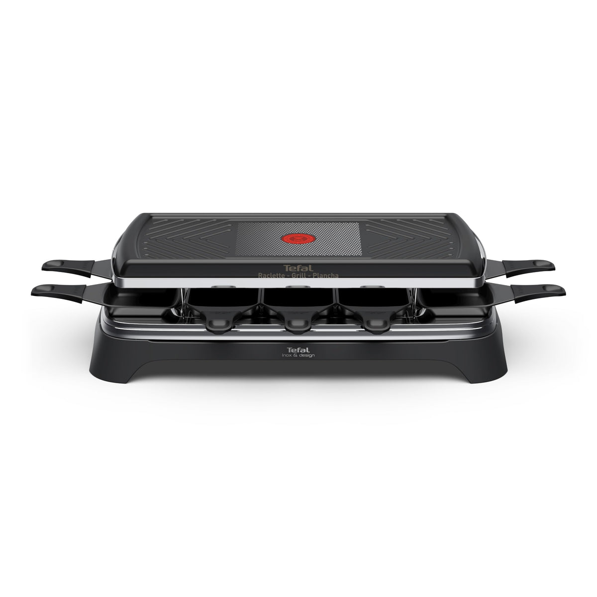 Tefal Raclette 3-in-1 Raclette Grill & Plancha, Thermo-Signal, non-stick plate and pans, easy storage, includes accessories for up to 10 people, Black, RE458NF0