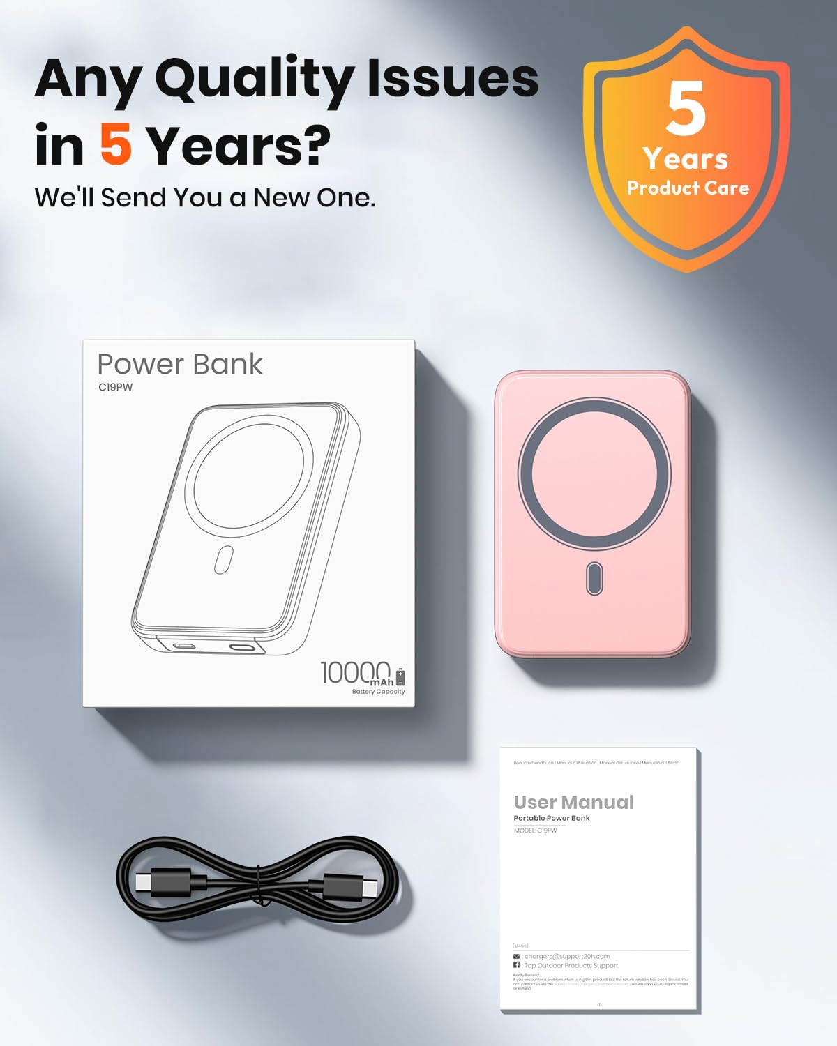 A ADDTOP Magnetic Power Bank 10000mAh- 20W Schnelllade iPhone Ladegerät for Magnetisch, UltraSlim Wireless Portable Charger with USB-C In&Out, LED Display Akku-Pack für iPhone 17/16/15/14/13/12 Rosa - C19PW