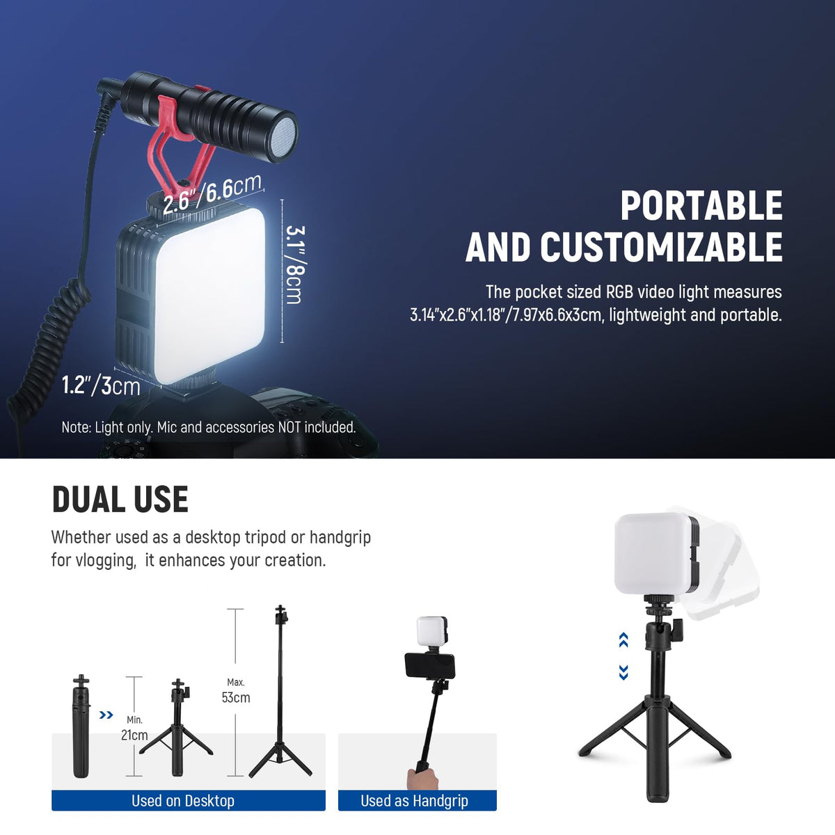 NEEWER Magnetic RGB Video Light with Table Tripod, 3 Cold Shoes 360° Full Color LED Camera Light CRI97+/20 Scenes/2500K-8500K 2000mAh Rechargeable Photography Recording Small Panel Lighting RGB61