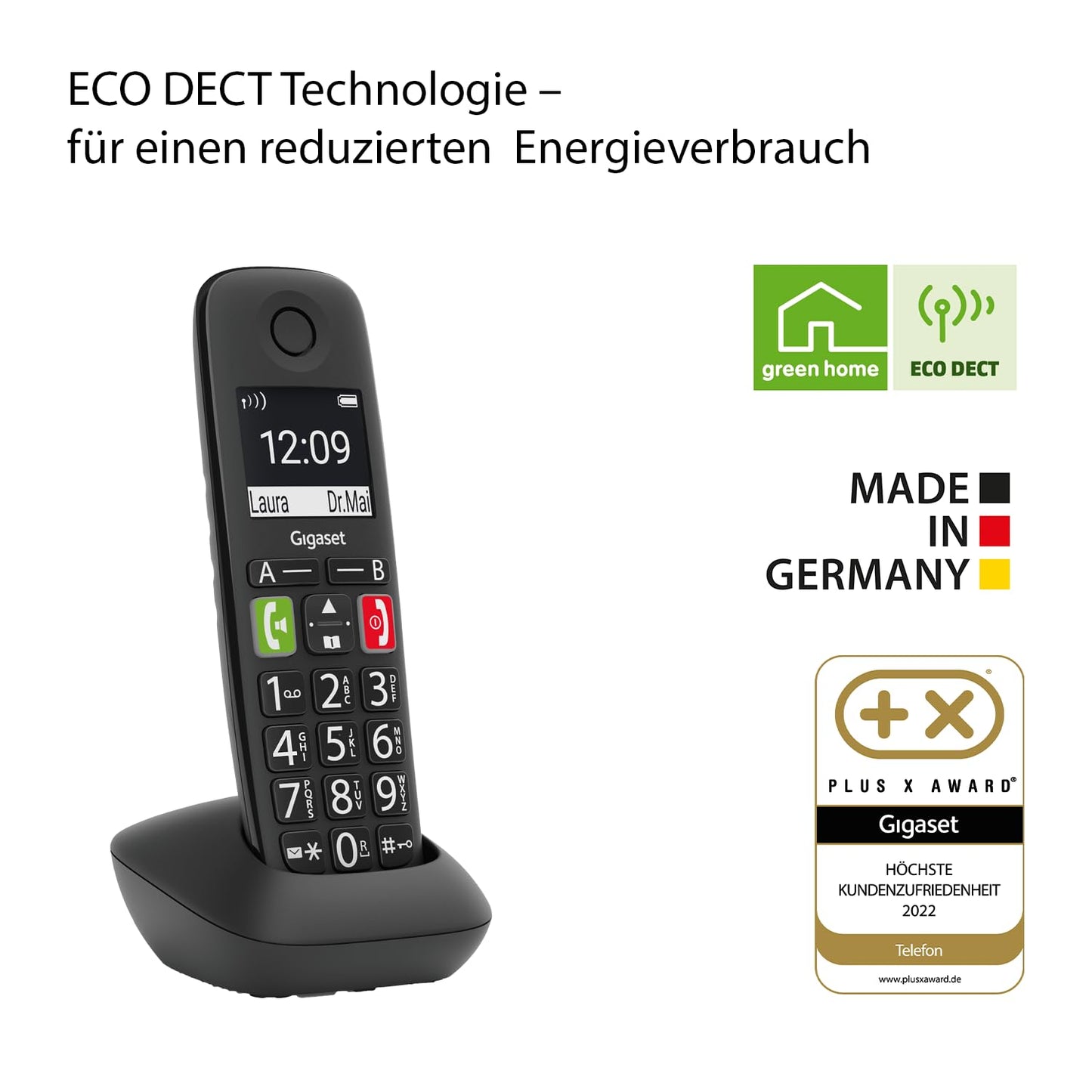 Gigaset E290HX - DECT handset with charging cradle - Fritzbox compatible - cordless senior telephone for router and DECT base - large display and buttons, black [German version] [Without base]