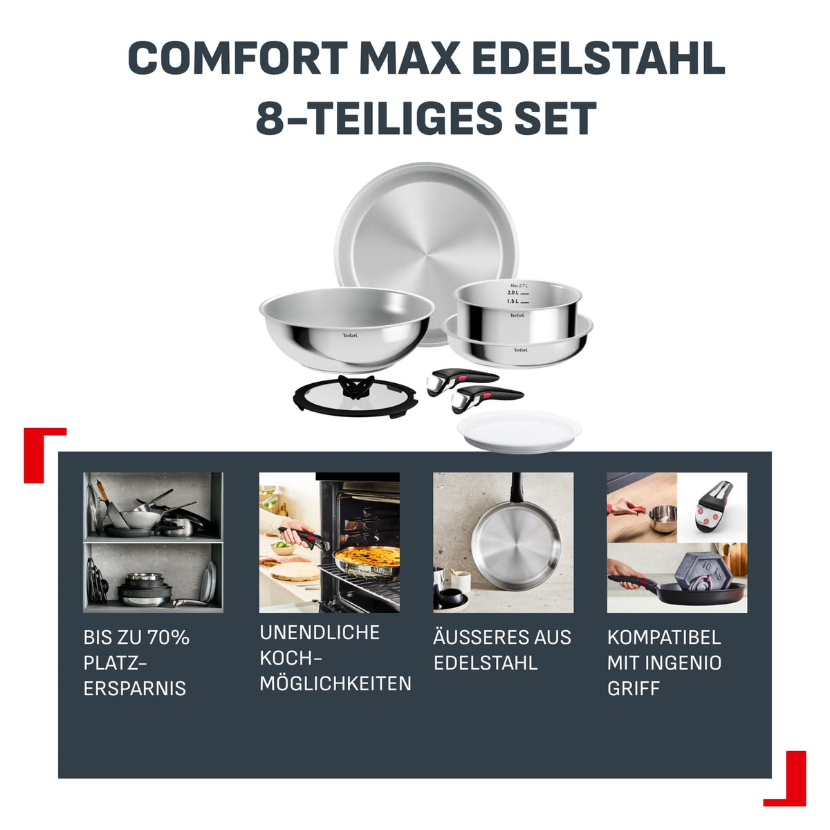 Set de vase de gătit Tefal Ingenio Comfort Max 8 piese, neîntărit - L968S834