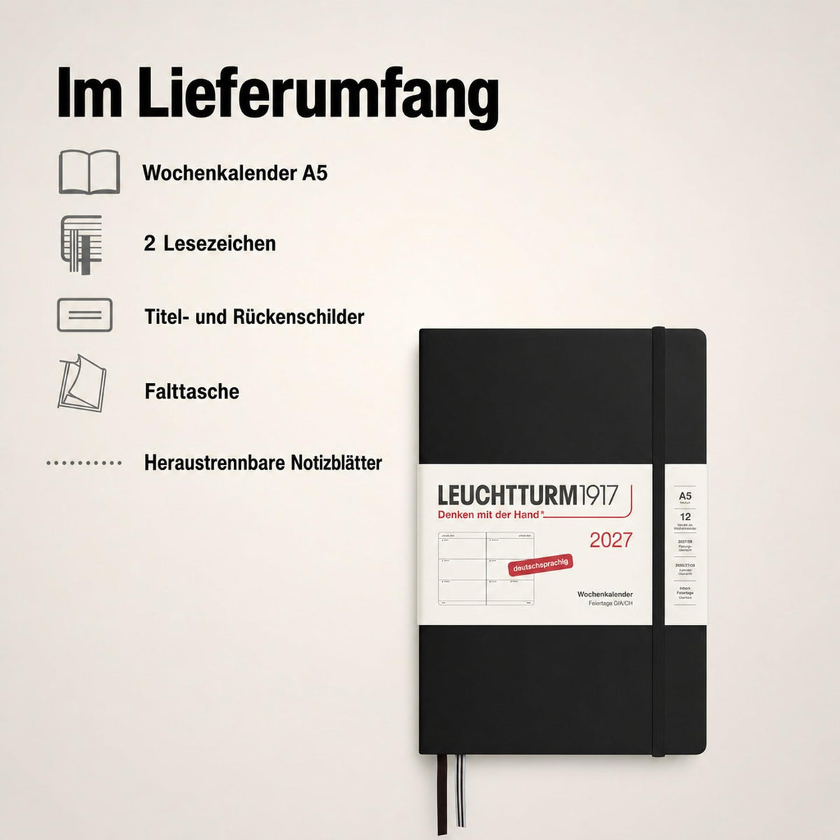 LEUCHTTURM1917 Calendar săptămânal 2027 Mediu (A5) - Germană, Negru, Hardcover, 145 x 210 mm, 12 luni - ianuarie-decembrie 2027, 1 săptămână pe pagină dublă, hârtie de 80 g/m² cu compatibilitate ridicată cu cerneală - 400101