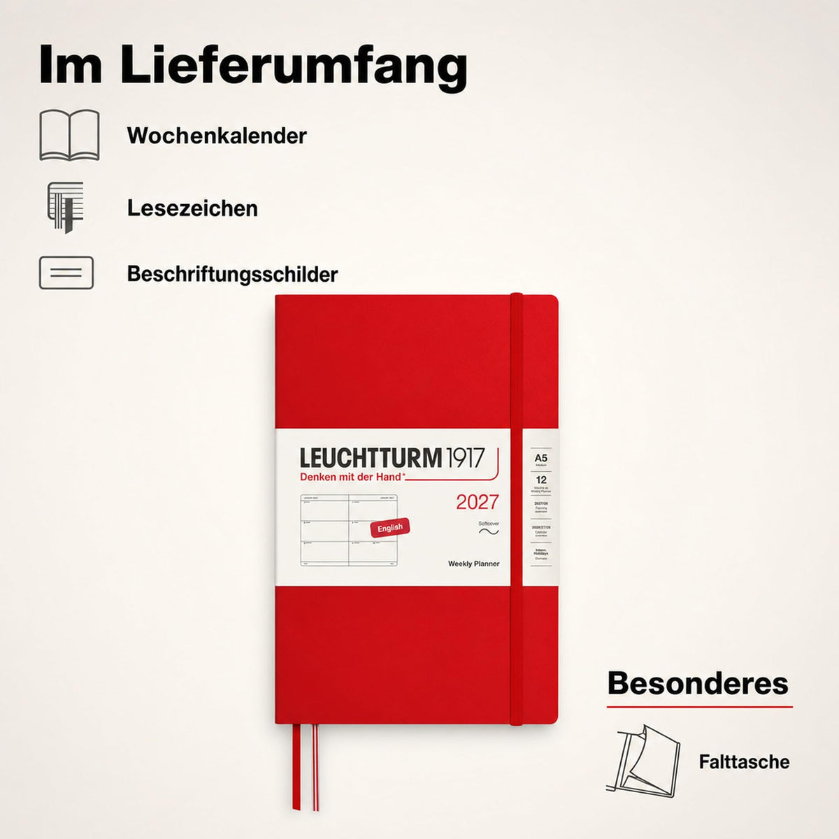 LEUCHTTURM1917 Calendar săptămânal 2027 Mediu (A5) - engleză, cireș, copertă moale, 145 x 210 mm, 12 luni - ianuarie-decembrie 2027, 1 săptămână pe pagină dublă, hârtie de 80 g/m² cu compatibilitate ridicată cu cerneală - 400295