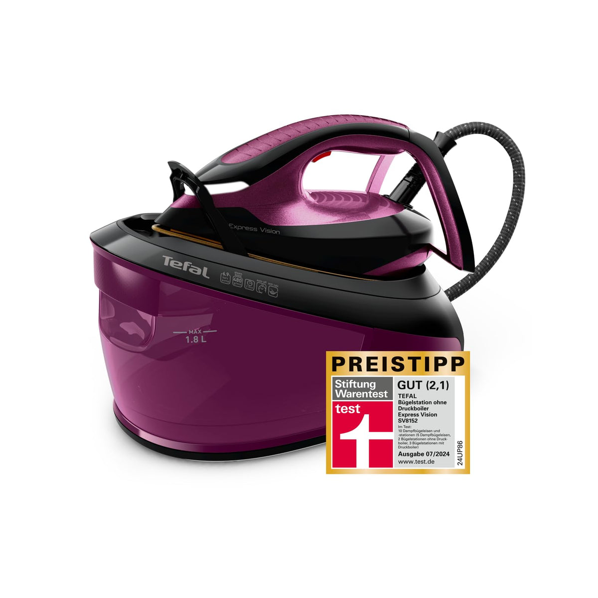 Tefal Express Vision, putere puternică de 6,9 bari, impuls de abur: 480g/min, tehnologie Smart Temp, iluminare LED, colector de calcar detașabil, mod Eco, rezervor de apă de 1,8 L, violet/negru, SV8152