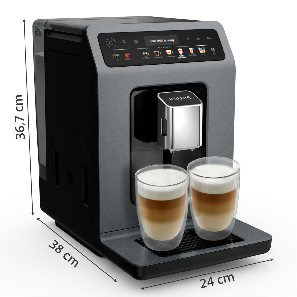Krups Evidence Hot & Cold Coffee Machine, 18 beverage specialties, hot and cold drinks, One-Touch Cappuccino, milk system, automatic cleaning cycle, quick heating time, EA898GF0
