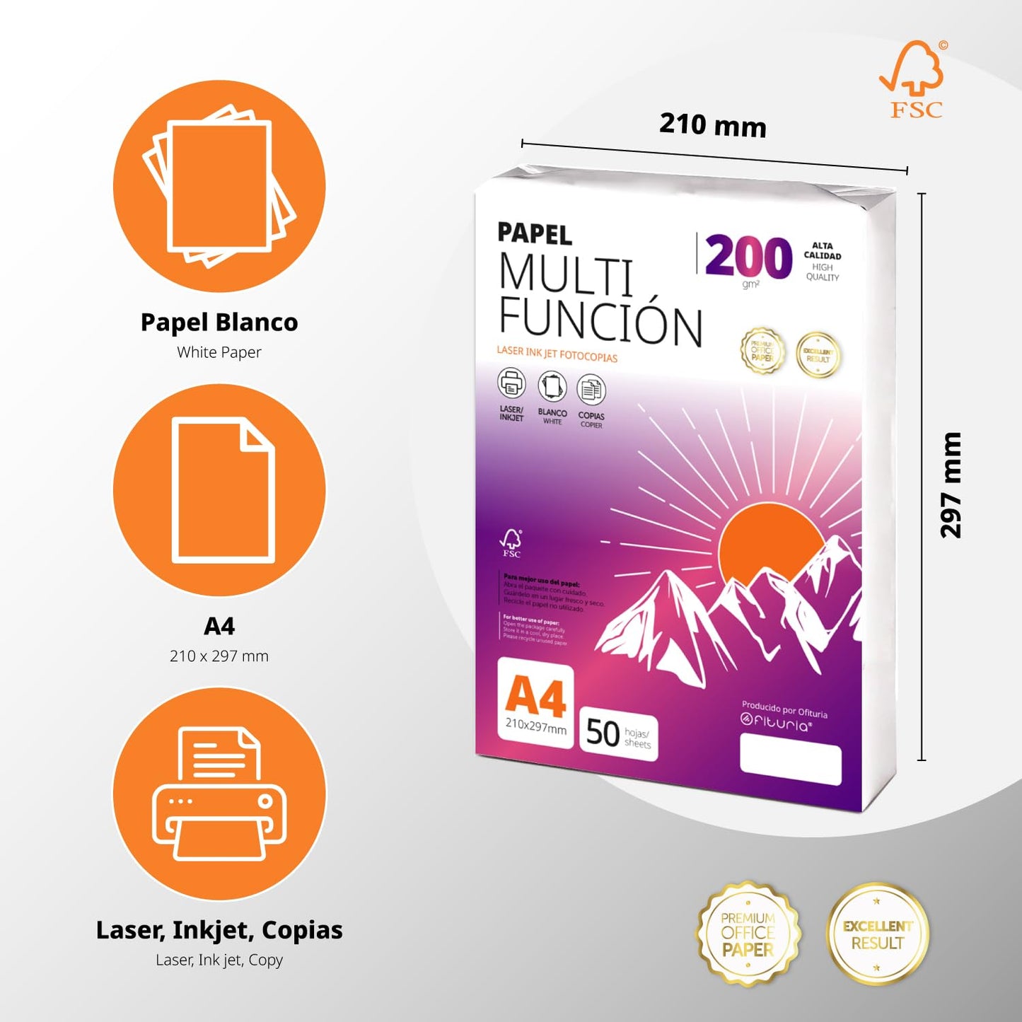 Ofituria Copy Paper A4 200g/m2 400 Sheets Multipurpose Paper for Laser and Inkjet Printers Copier Office Supplies School Supplies Pack of 400 Sheets 200g - COM0574