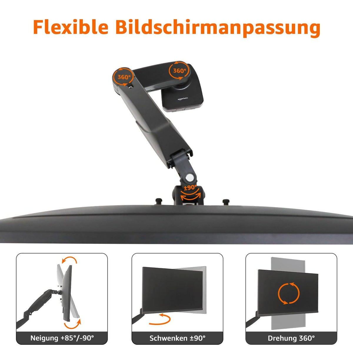 Amazon Basics Gas Spring Monitor Arm for Desk Mounting, Adjustable Tension, for 15–27 inch (38.1cm–68.6cm) Monitors, supports 2.0kg–7.0kg, VESA 75x75/100x100, Black - DS-MADSBE