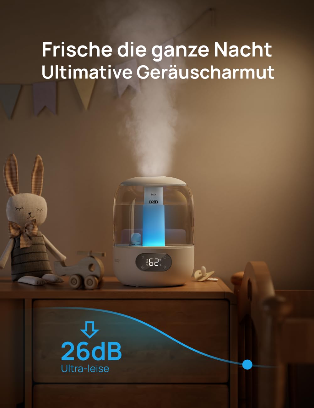 DREO Humidifier for Bedroom, Cool Mist Humidifier for Home and Large Room, Quiet Humidifier for Baby, Night Light, Essential Diffuser, Fast Ultrasonic Humidifier - DR-HHM006