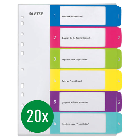 Leitz index for A4, pack of 20, PC-writable cover sheet and 6 separator sheets, tabs with numbers printed 1-6, extra width, multi-colored, polypropylene, WOW, 12420000 - 12420000-20