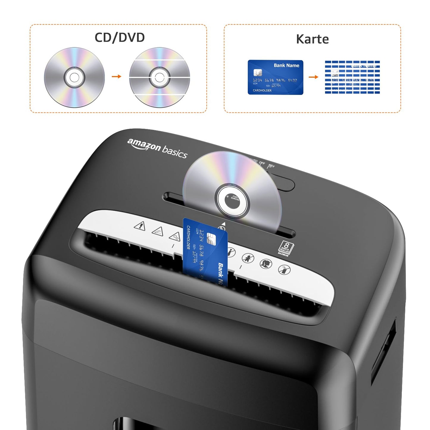 Amazon Basics document shredder with microparticle cut, 8 sheets, with transparent viewing window, for documents, CDs and credit cards, 15l collection container, black - C217-C