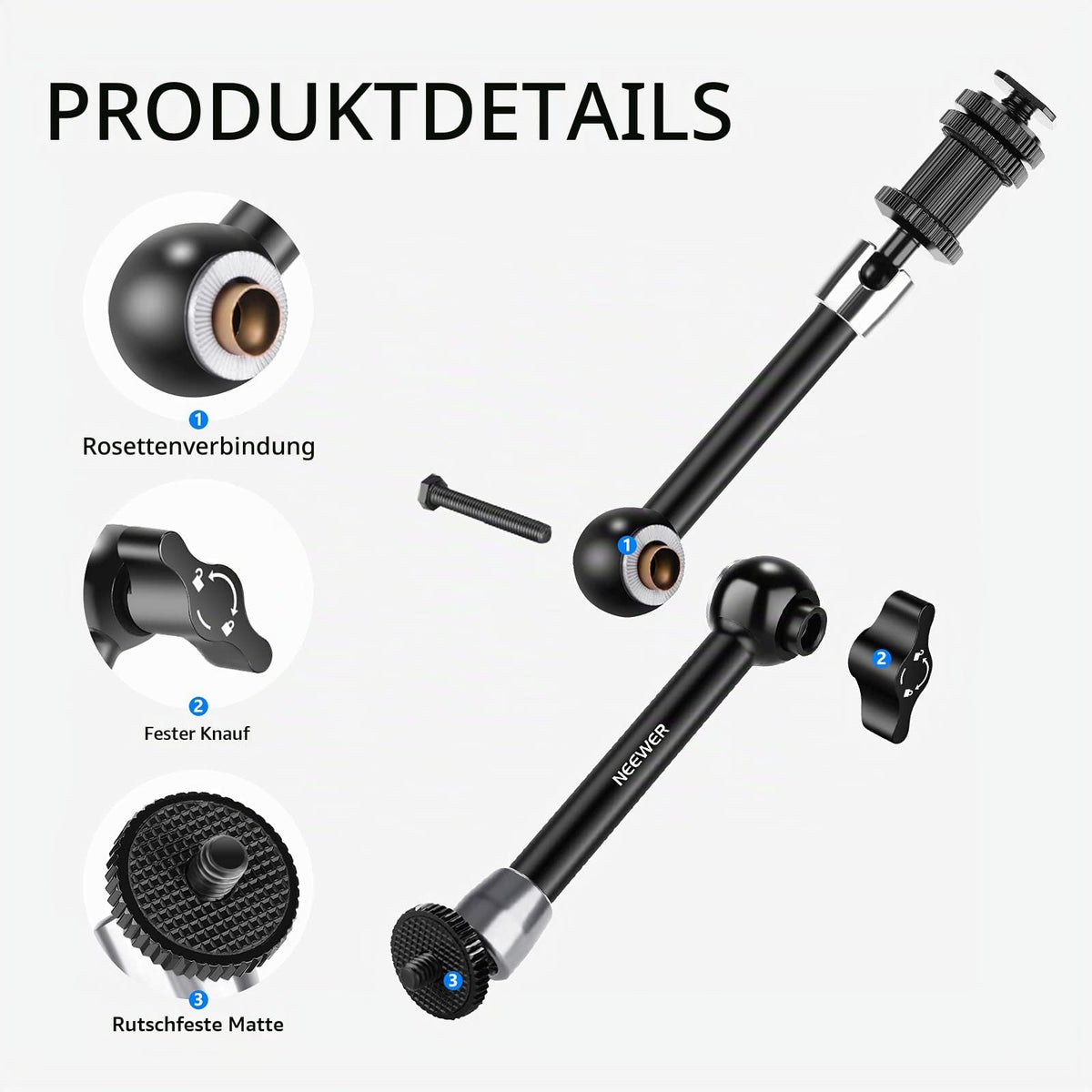 NEEWER ST20 Super Klemme und 27,9cm Verstellbarer Reibungskraft Gelenkarm, kompatibel mit SmallRig Kamera Käfig Rig, weitere Erweiterung für Monitor/LED Licht/Webcam, maximale Belastung 2kg