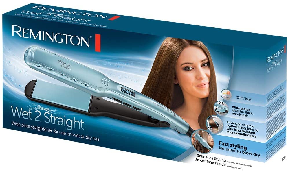 Remington Wide Flat Iron Wet2Straight (for wet and dry use - for drying and straightening hair, heat-activated anti-frizz micro-ingredients), LCD display, 140-230°C, Hair Straightener S7350, Turquoise - 45662560100
