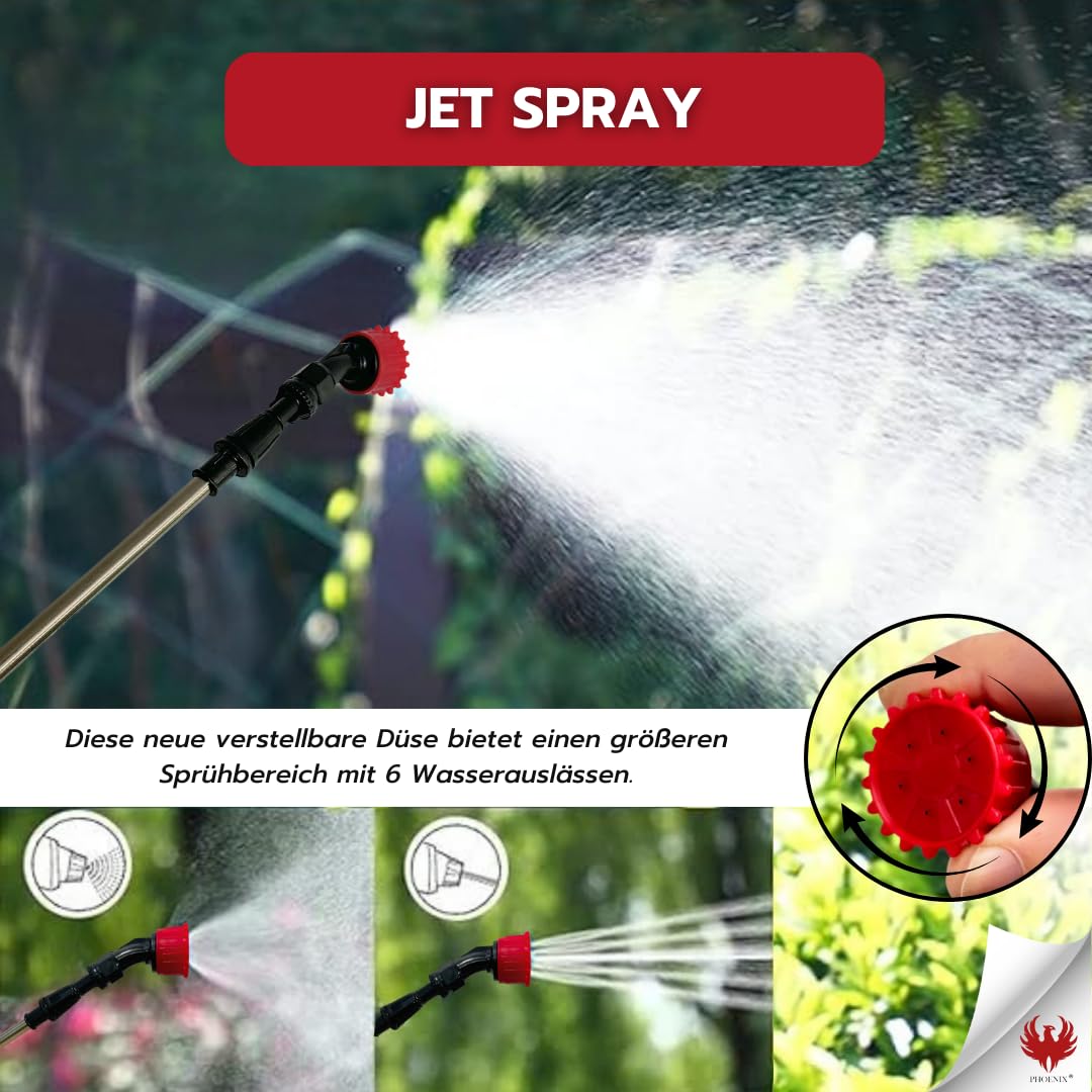 Phoenix - pressure sprayer 5 liter Easy Sprayer - garden sprayer with rechargeable battery with 3 hours of battery life, sprayer with THREE nozzles (cone, fan, shower jet), light, robust