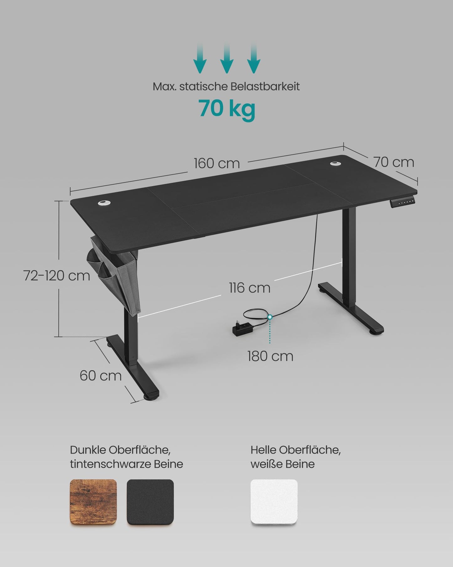 SONGMICS Electric height-adjustable desk, 160 x 70 cm, infinitely adjustable, memory function with 4 heights, ink black LSD136B01 - LSD03X01