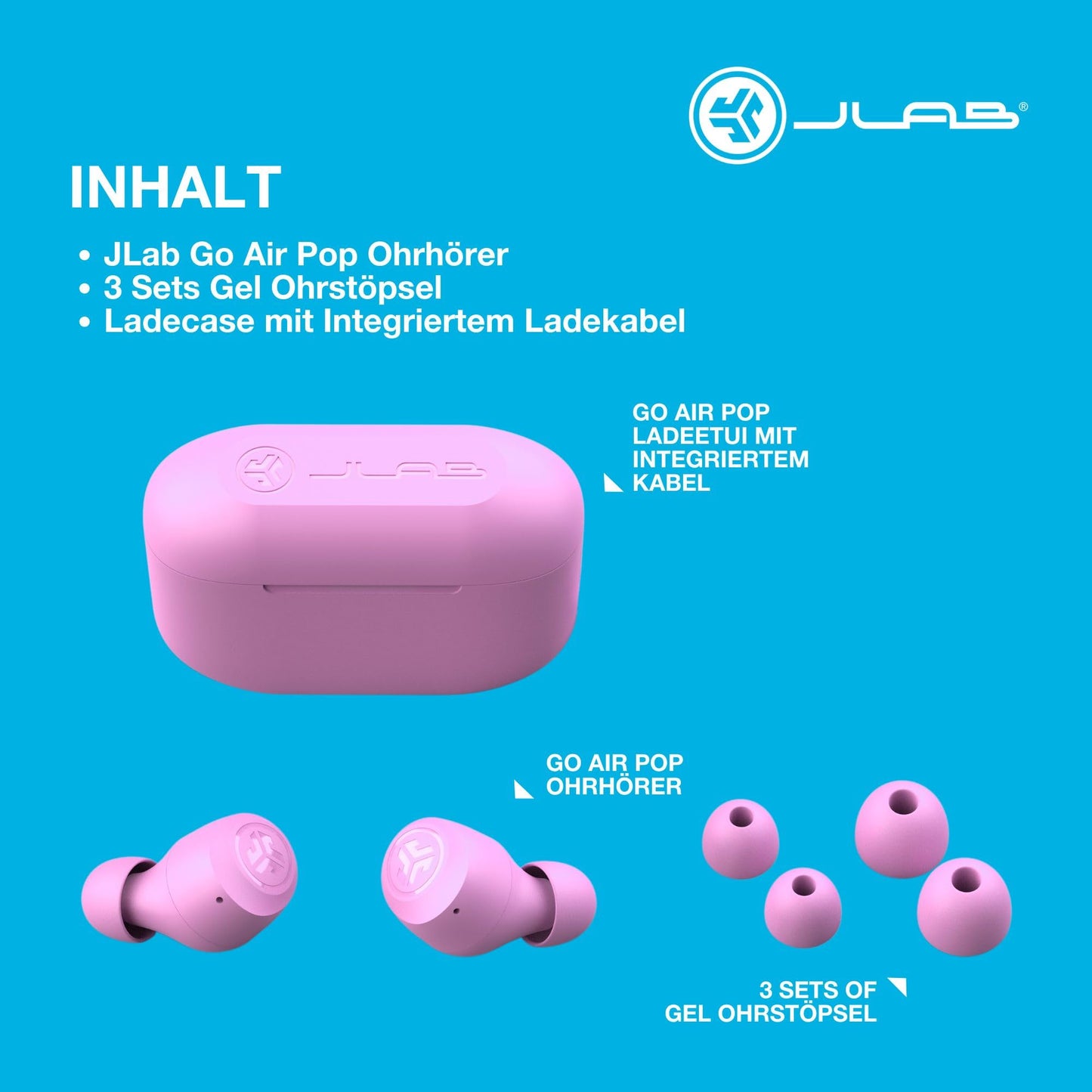 JLab Go Air Pop True Wireless Headphones - Bluetooth 32+ hours, Pink - EBGAIRPOPRPNK124