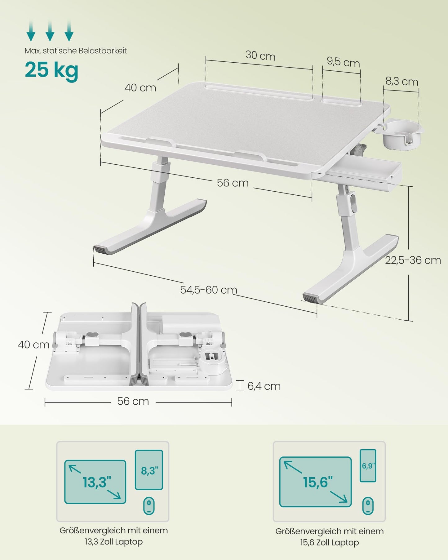 SONGMICS laptop table, bed table, laptop stand, 56 x 40 cm table top, 120° freely adjustable, height adjustable, with cup holder, drawer, portable, gray LLD113GZ01
