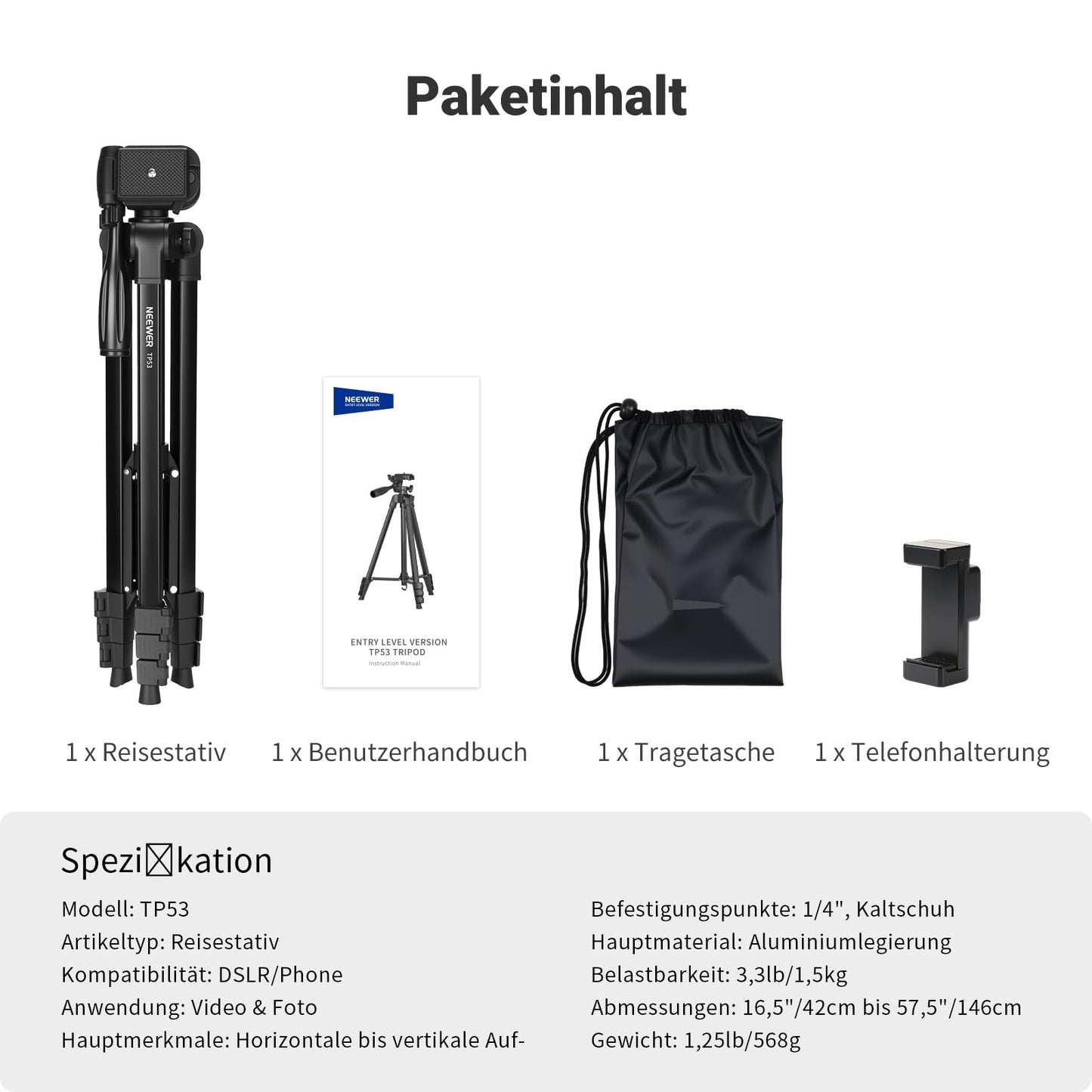 NEEWER Entry Level Version Tripod for Cell Phone & Camera, Metal Lightweight Portable Travel Tripod with Cold Shoe Cell Phone Holder Compatible with iPhone for Video Recording, TP53