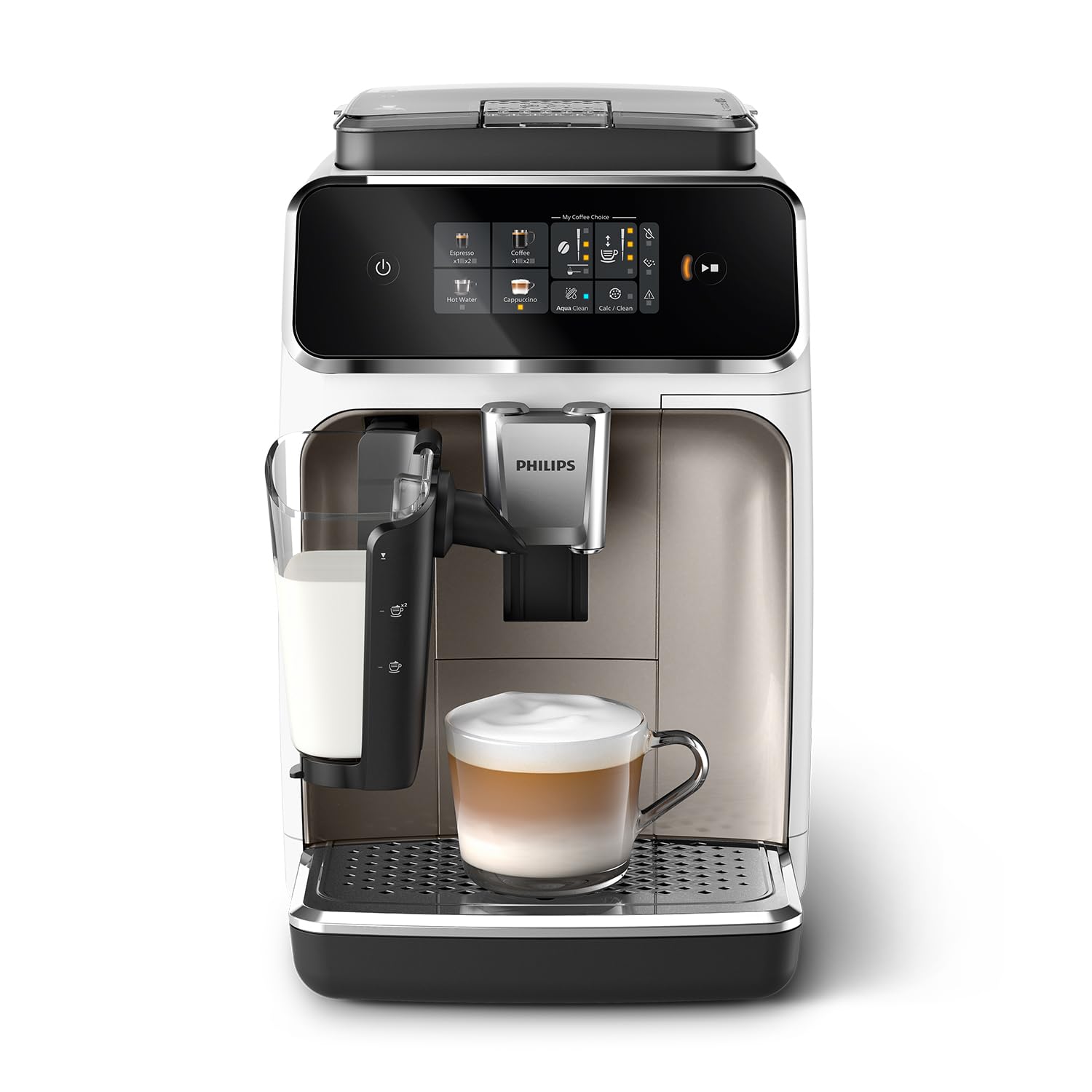 Philips 2300 series fully automatic espresso machine - 4 drinks, modern color touchscreen display, LatteGo milk system, SilentBrew, ceramic grinder, AquaClean filter. White chrome (EP2333/40)