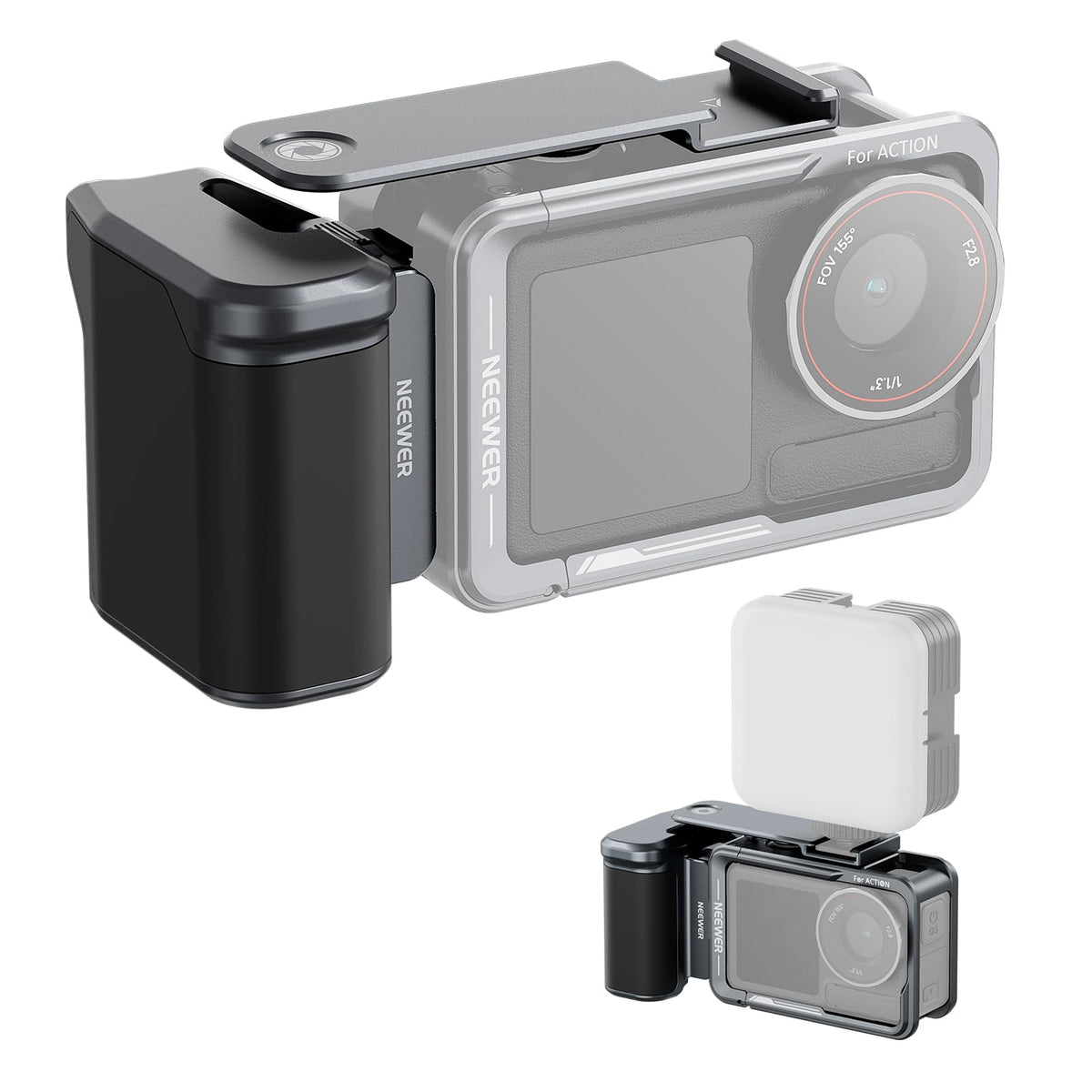NEEWER AC034 Side Handle for AC014 Cage Compatible with DJI Osmo Action 5 Pro/4/3, Modular Magnetic Quick Release Action Camera Adapter with Handle and Cold Shoe Shutter Extender Bar, Dark Gray