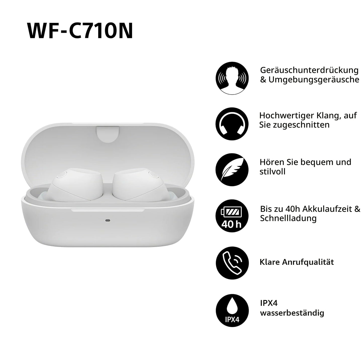 Sony WF-C710N - Truly Wireless Noise Canceling Earphones, lightweight, touch operation, multipoint connection, IPX4, up to 40h battery, quick charging, iOS and Android compatible, white - WFC710NW.CE7
