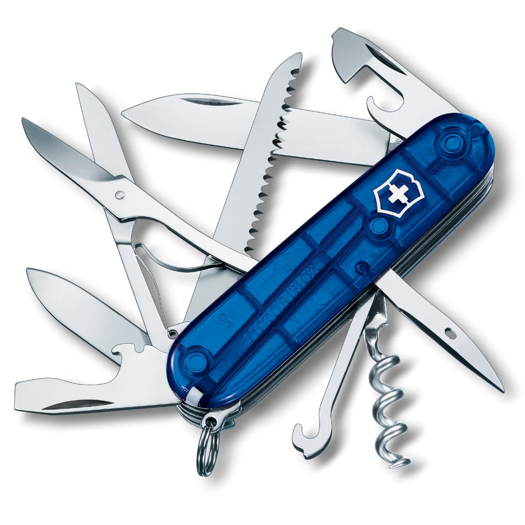 Victorinox Swiss Army Knife Huntsman, Multitool, Swiss Army Knife with 15 functions, blade, corkscrew, can opener, folding box, blue transparent - 1.3713.T2