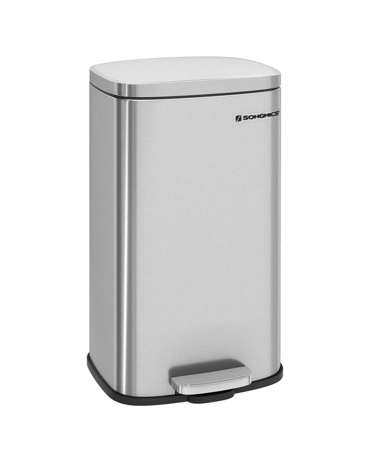 SONGMICS kitchen rubbish bin, 30 liters, waste bin, pedal bin, with lid, soft close, foot pedal, steel, inner bin, silver LTB03NL