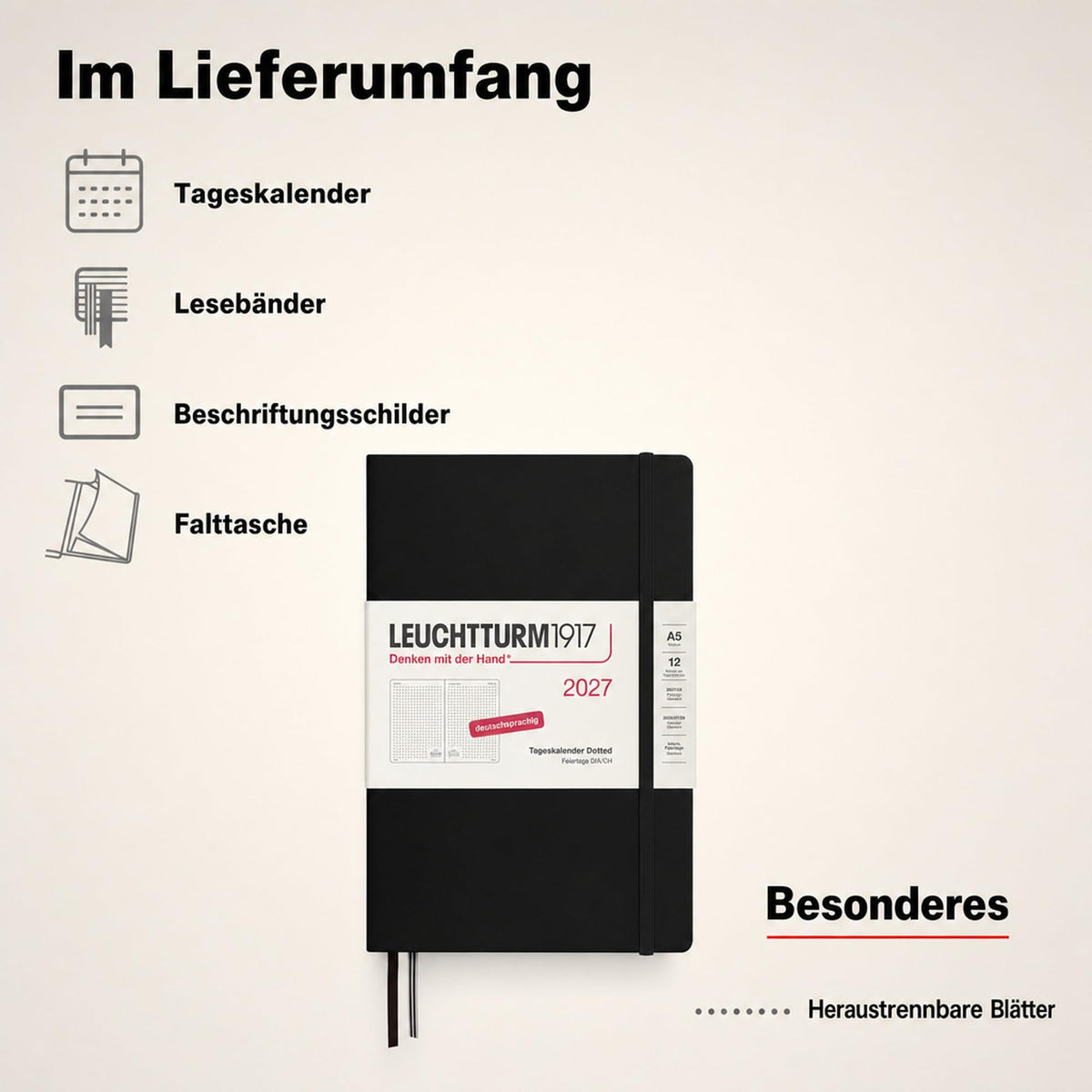 LEUCHTTURM1917 Daily Calendar 2027 Dotted Medium (A5) - German, black, 145 x 210 mm, January-December (12 months), 1 page per day, hourly grid 7:00-22:00, hardcover, 80 g/m² paper - 400166