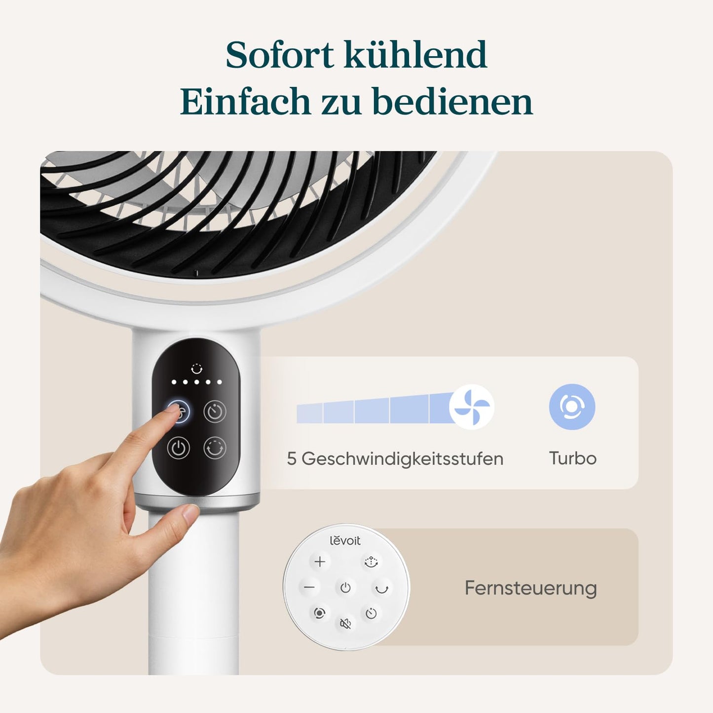 Levoit pedestal fan with DC motor, 20dB quiet fan, 1740m³/h airflow, 24m range, 6.5m/s, 90°+90° oscillation, 2 in 1 height adjustable, 5 levels, 12 hour timer, cloud gray, 97 cm - LPF-R382-WEU