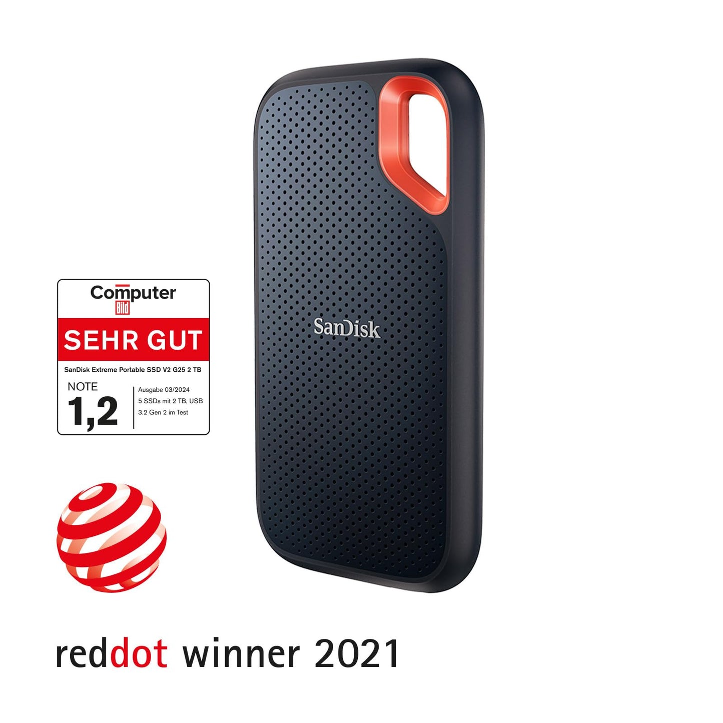 SANDISK Extreme Portable SSD 2TB (Portable NVMe SSD, USB-C, up to 1,050 MB/s Read, up to 1,000 MB/s Write, Water and Dust Resistant) Black - SDSSDE61-2T00-G25
