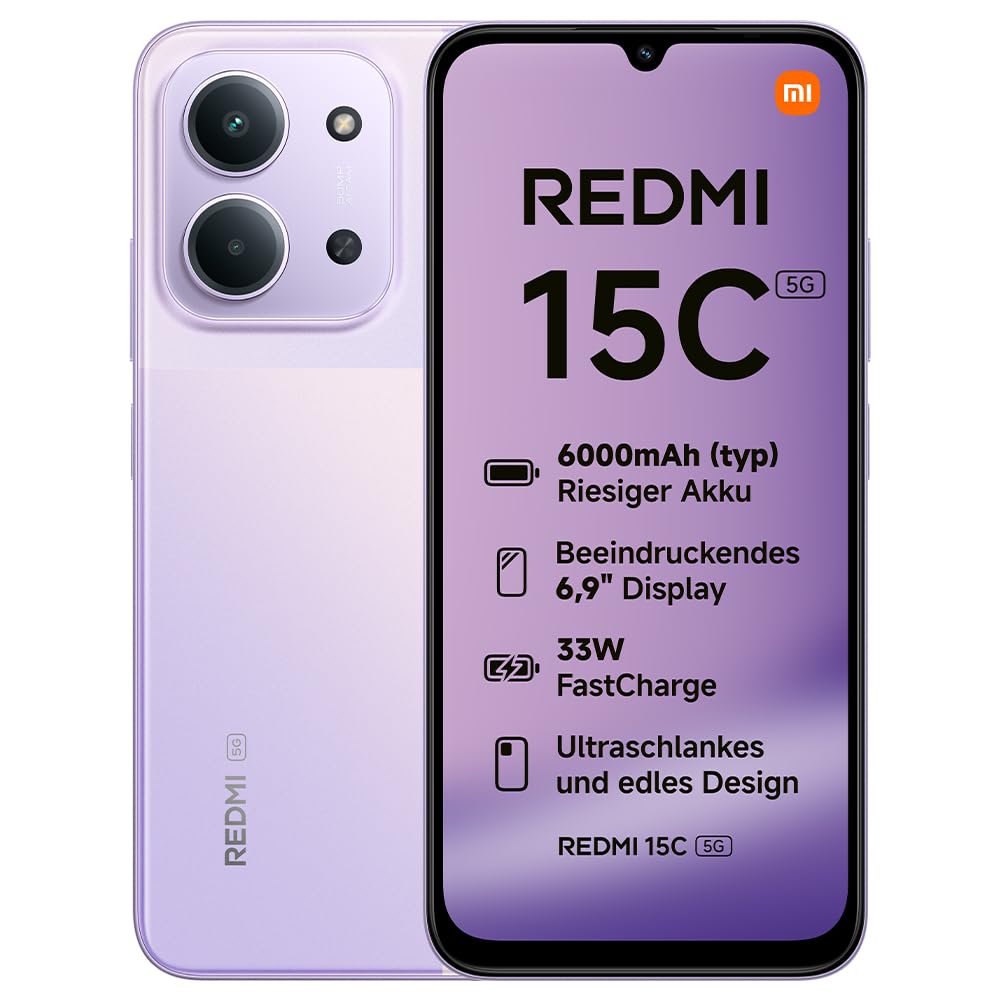 XIAOMI Redmi 15C 5G Smartphone 4+128GB, Unlocked, Mobile Phone with Android, 6.9" 120Hz Display, MediaTek Dimensity 6300 Processor 6nm Octa-Core, 50MP AI Dual Camera, 6000mAh, Twilight Purple - MZB0M9LEU