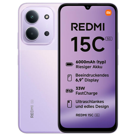 XIAOMI Redmi 15C 5G Smartphone 4+128GB, Unlocked, Mobile Phone with Android, 6.9" 120Hz Display, MediaTek Dimensity 6300 Processor 6nm Octa-Core, 50MP AI Dual Camera, 6000mAh, Twilight Purple - MZB0M9LEU