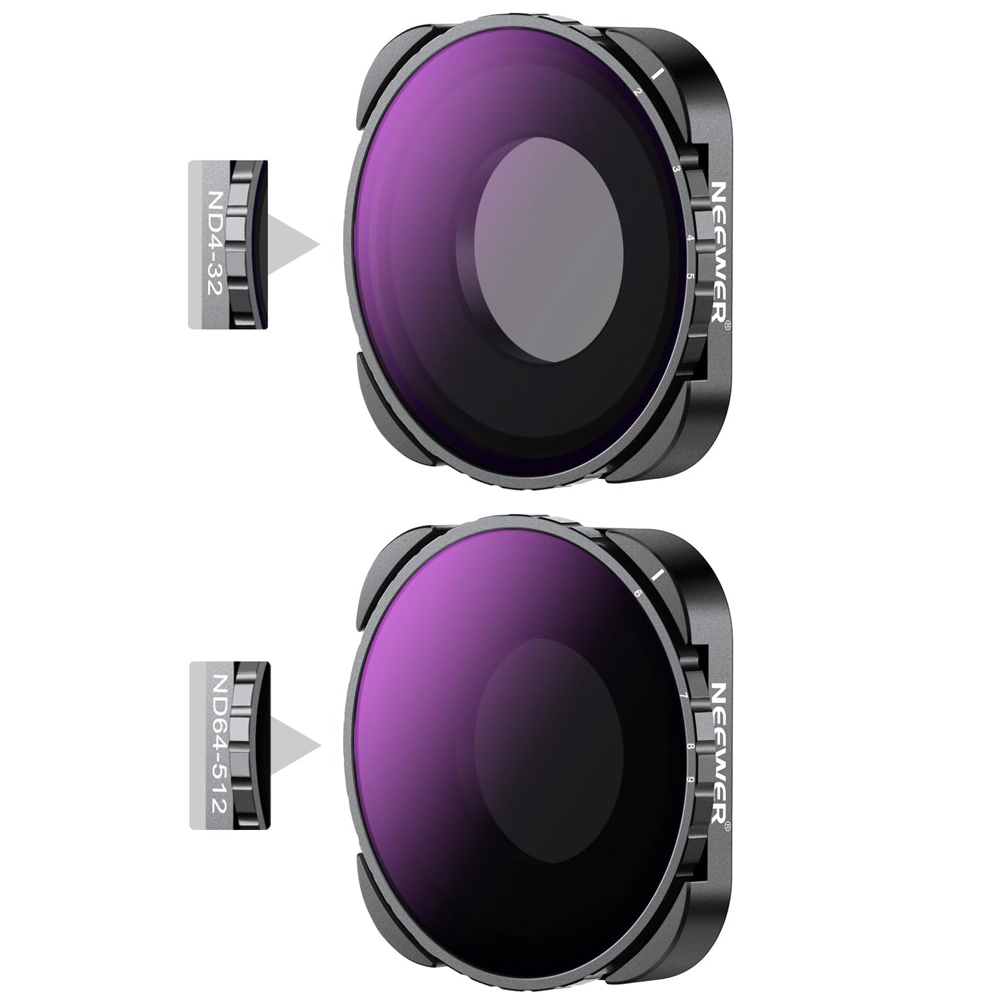 NEEWER Variable ND4-32 and ND64-512 filter set, pack of 2, 2-5 and 6-9 stops gray filter accessories, optical HD glass slim frame, compatible with GoPro Hero 9 10 11 12 Go Pro 13 Black, no X pattern - 10105800