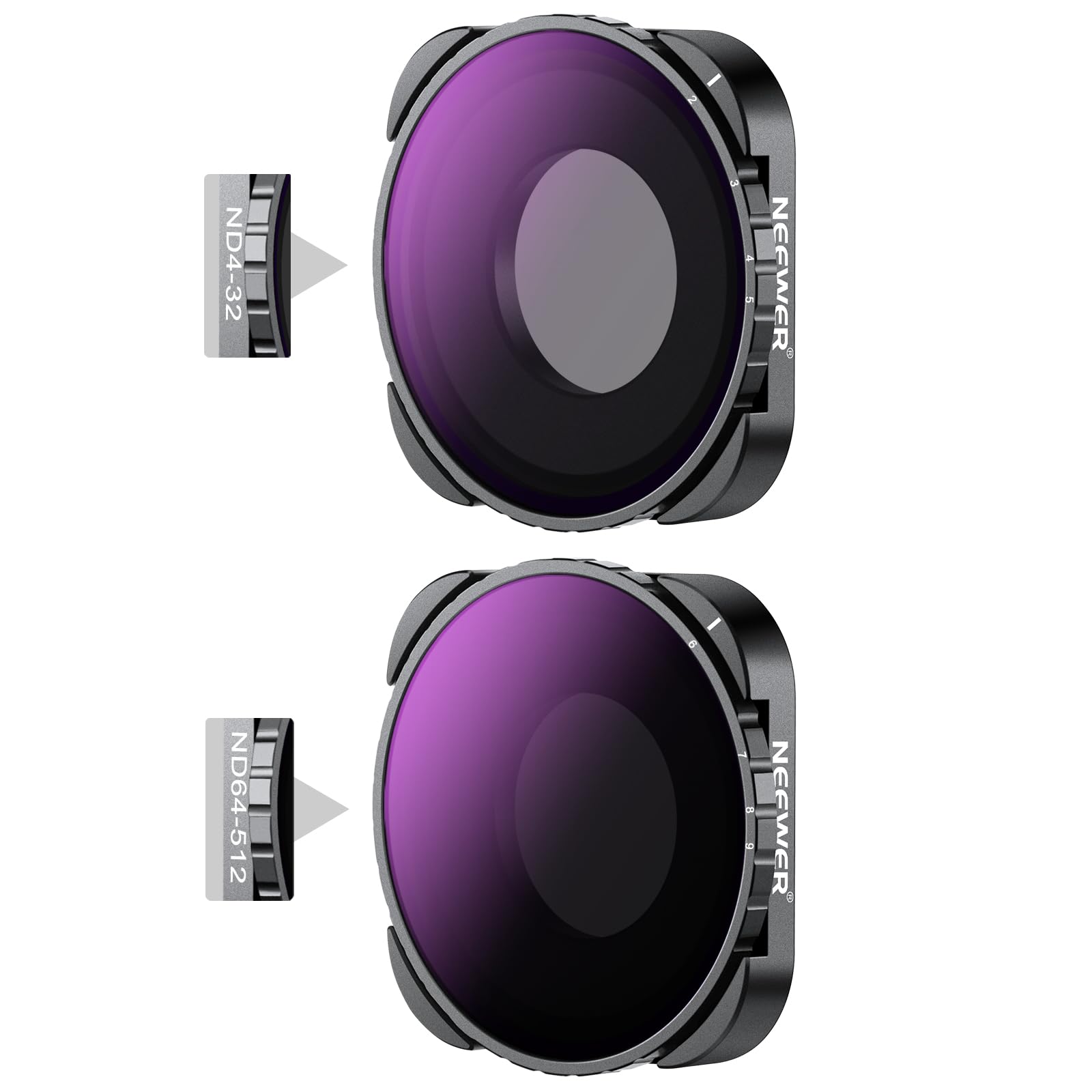 NEEWER Variable ND4-32 and ND64-512 filter set, pack of 2, 2-5 and 6-9 stops gray filter accessories, optical HD glass slim frame, compatible with GoPro Hero 9 10 11 12 Go Pro 13 Black, no X pattern - 10105800