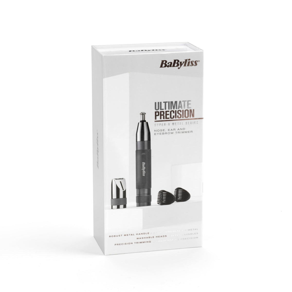 BaByliss Super-X Metal Precision Detail Trimmer – 3-in-1 Nose, Ear & Eyebrow Trimmer, 2 Attachments, 2 Comb Attachments, Battery Operated – E116E