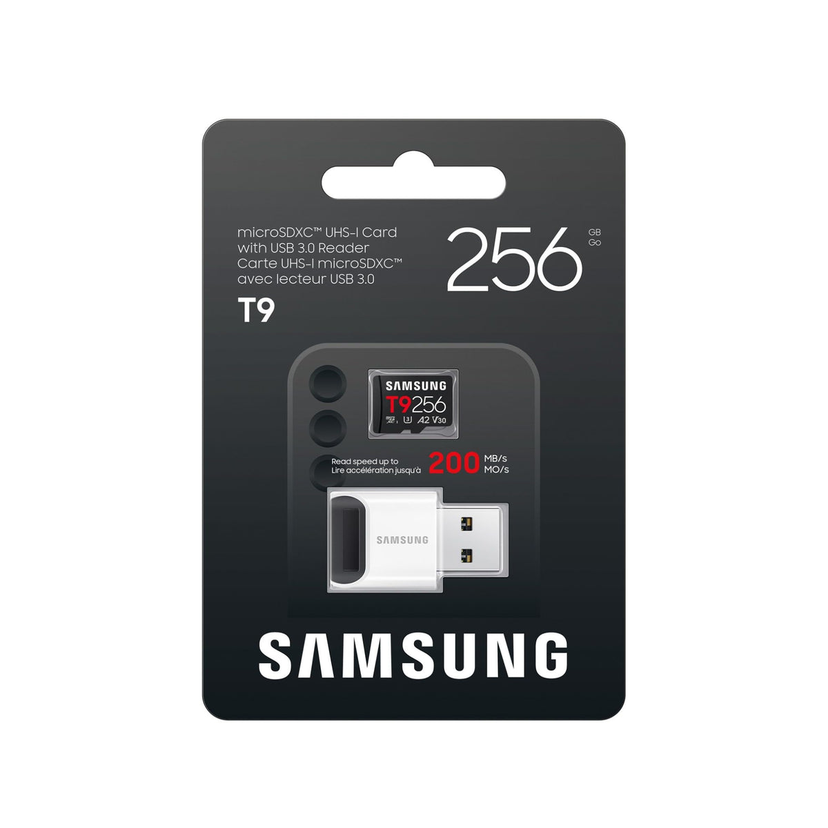 Samsung T9 microSD Card with USB Card Reader, 256 GB, memory card for drones, action cameras, and 360° cameras, UHS-I U3, Full HD & 4K UHD, 200 MB/s read, 130 MB/s write, MB-MH256TB/WW