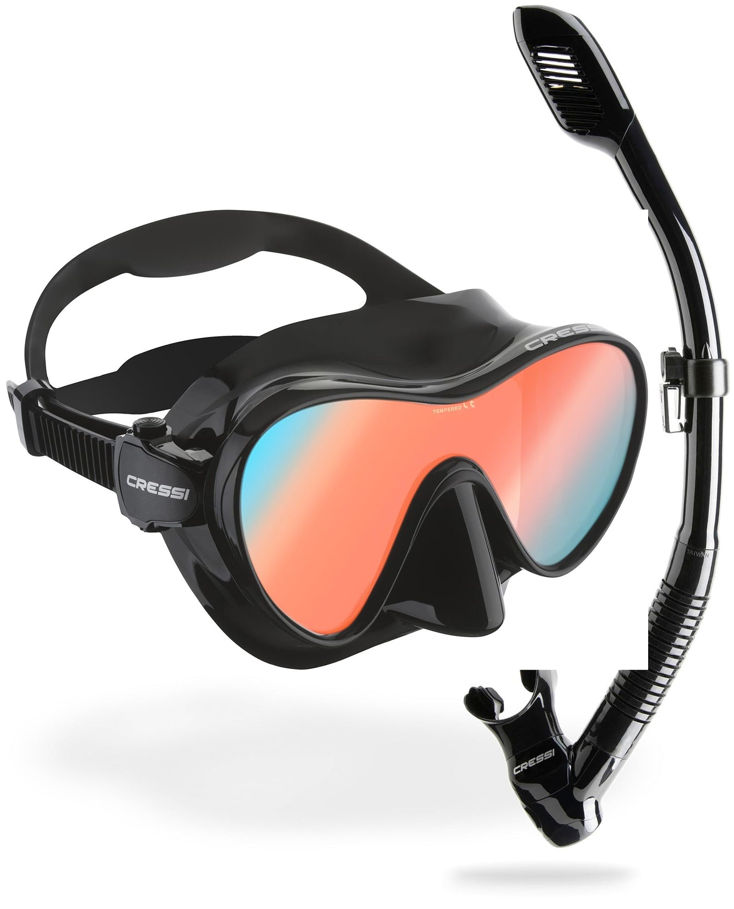 Cressi Frameless Diving Mask F1 - Fog-free Glass Lens, Diving Goggles - Ergonomic Silicone Rim, Snorkel Mask - Dry Snorkel & Snorkel Set - Black/Ultra Vision Blue Lenses - Combo Set - YDS282155