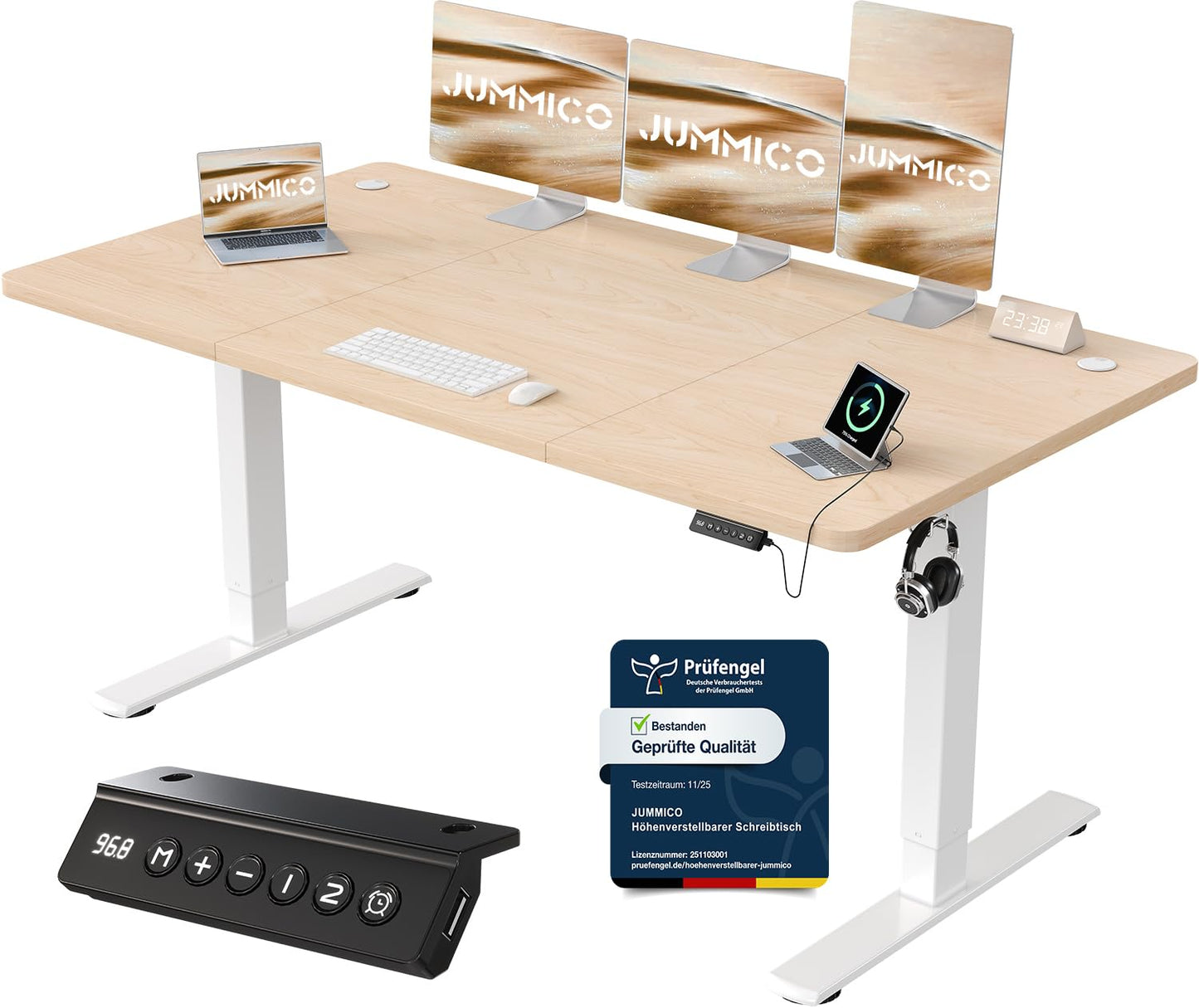 Birou JUMMICO reglabil pe înălțime cu port de încărcare USB, birou electric reglabil pe înălțime 160 x 70 cm, masă de lucru stand-sit, birou standing, masă de calculator reglabilă, birou standing, bej - 0403