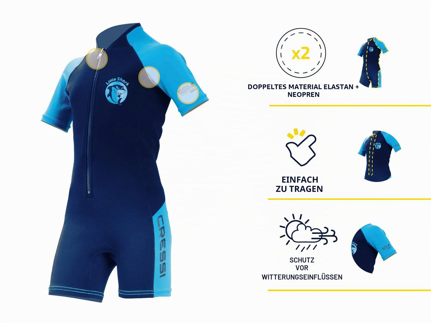Cressi Shorty 2mm children's wetsuit - children's swimming suit with UV, cold protection, jellyfish protection - swimming suit for girls and boys - dark blue/light blue - 11/12 years - XDG002907
