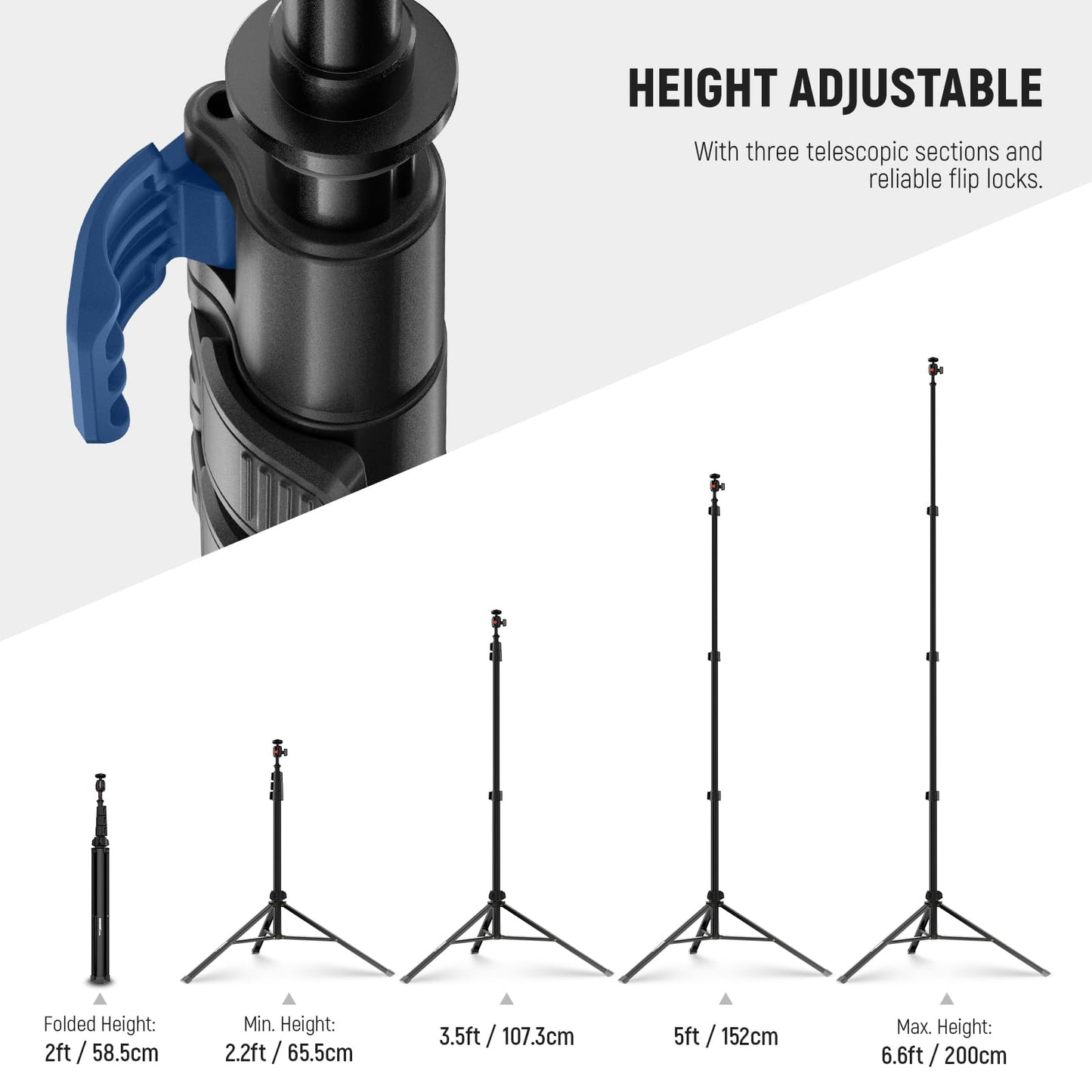 NEEWER ST200B Photography Light Stand, 56-200cm, with Ball Head, 1/4" Screw, Maximum Load 4kg, Aluminum, Portable Studio Lighting Tripod, Phone Video Stand for Strobe Light - 200cm/1