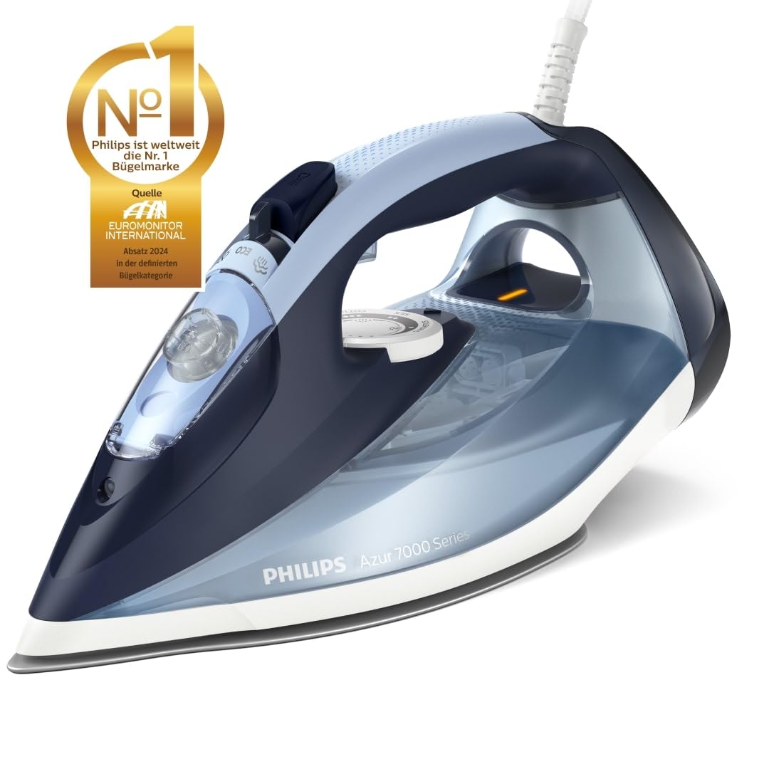 Philips Azur 7000 Series Steam Iron - 2800 W, 50 g/min continuous steam, 250 g steam boost, vertical steam, SteamGlide Plus soleplate, Louros/Light Blue (DST7020/20)