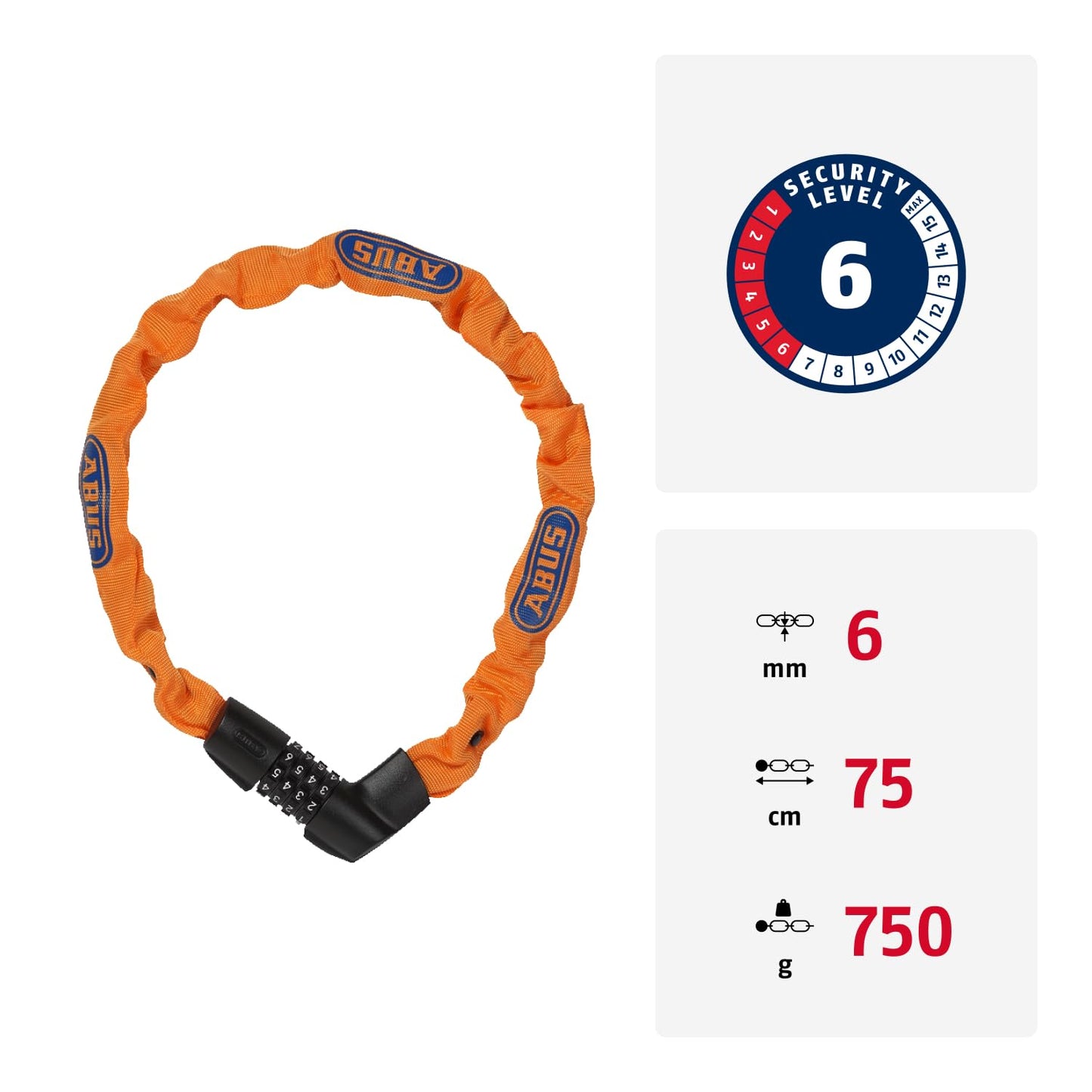 ABUS chain lock Tresor 1385/75 Neon - combination lock made of hardened steel - 6 mm thick square chain - ABUS security level 6 - 75 cm - orange - 71264
